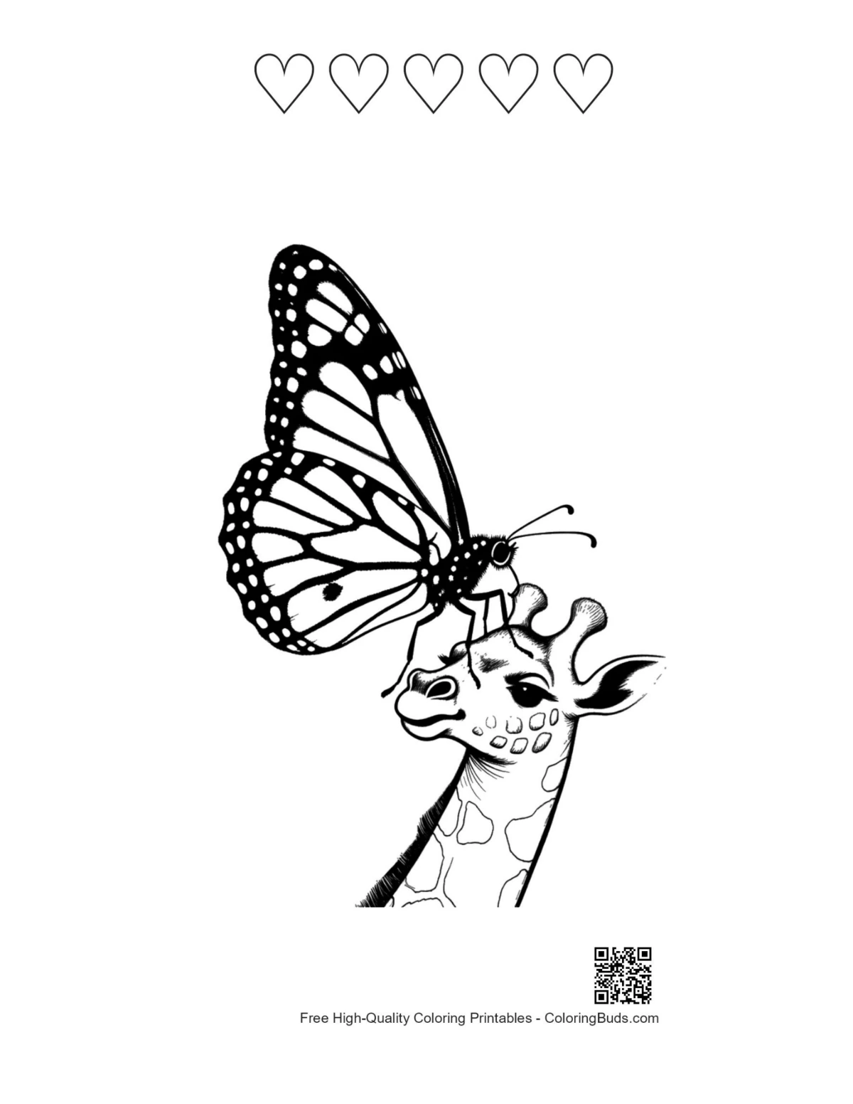 Monarch butterfly giraffe printable with heart outlines