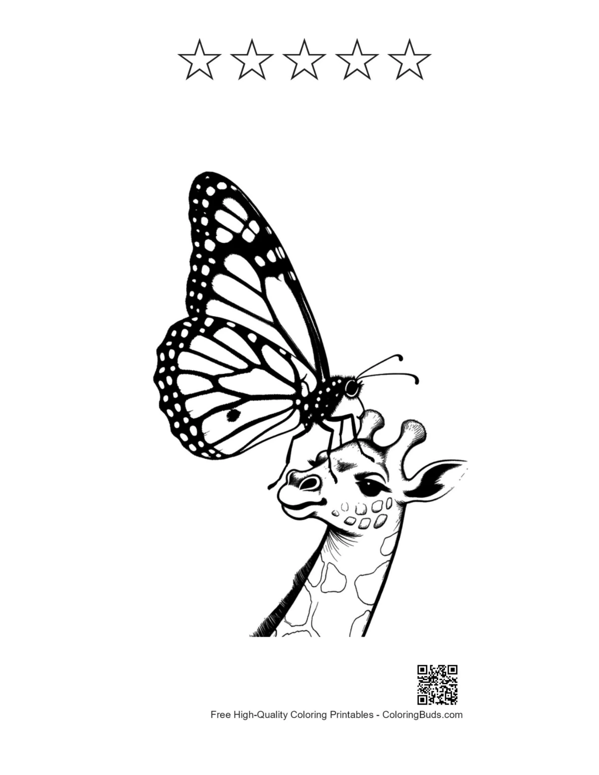 Monarch butterfly on giraffe with 5-star outline printable