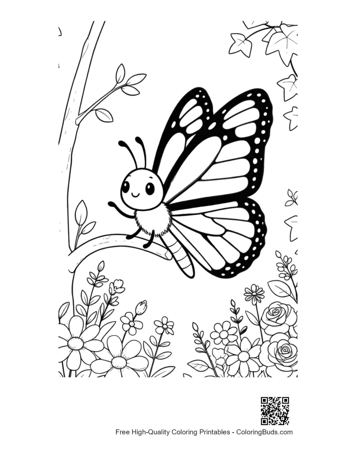 Monarch butterfly on tree branch coloring printable