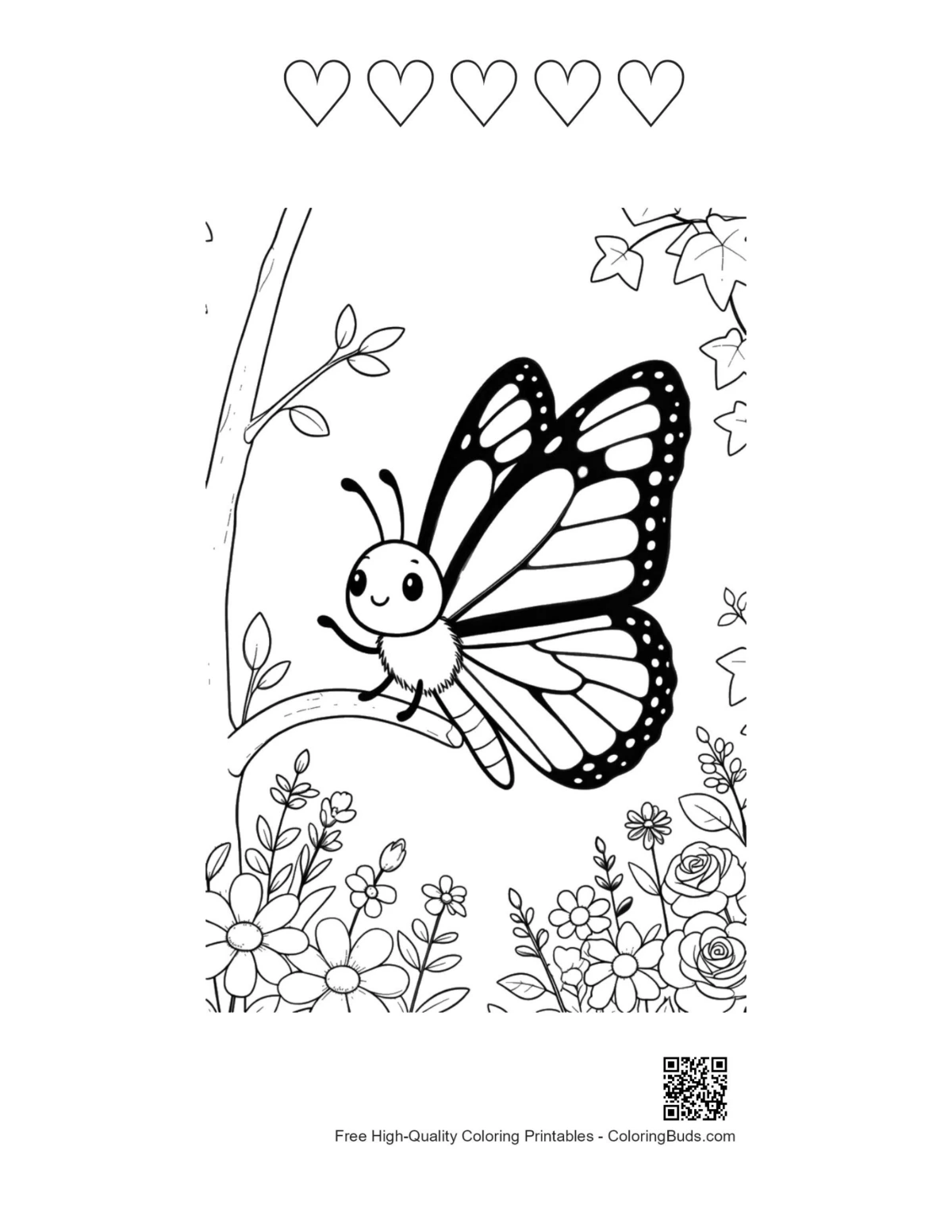 Monarch butterfly coloring with heart outlines