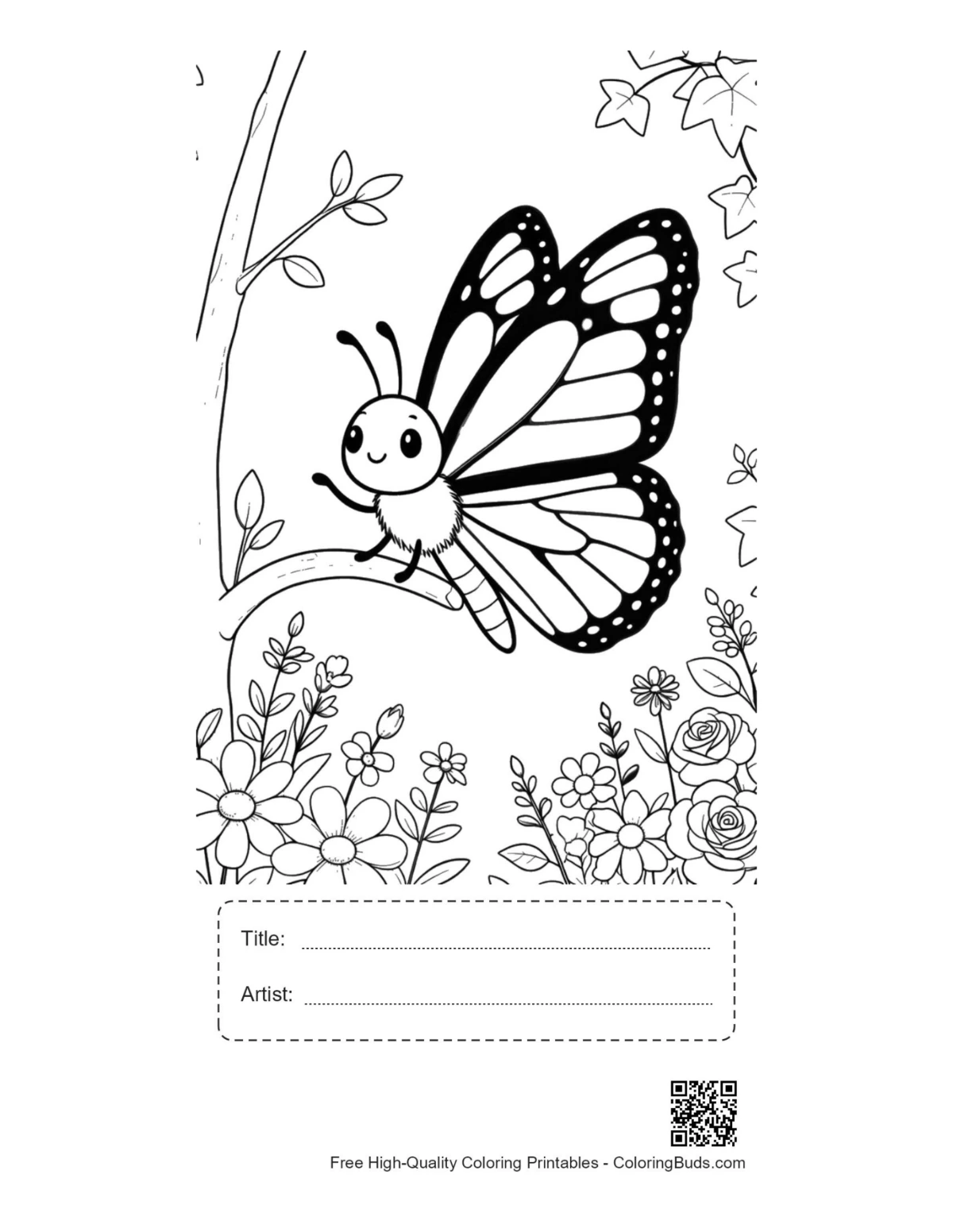 Monarch butterfly coloring sheet with title box