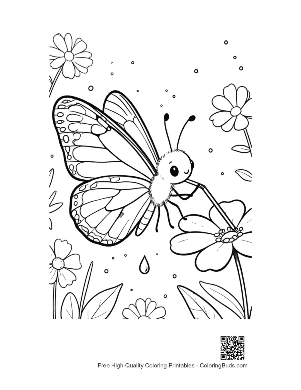 Printable monarch butterfly coloring page on flowers