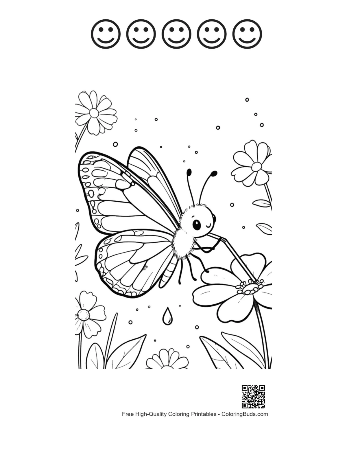 Coloring page butterfly with 5 happy faces