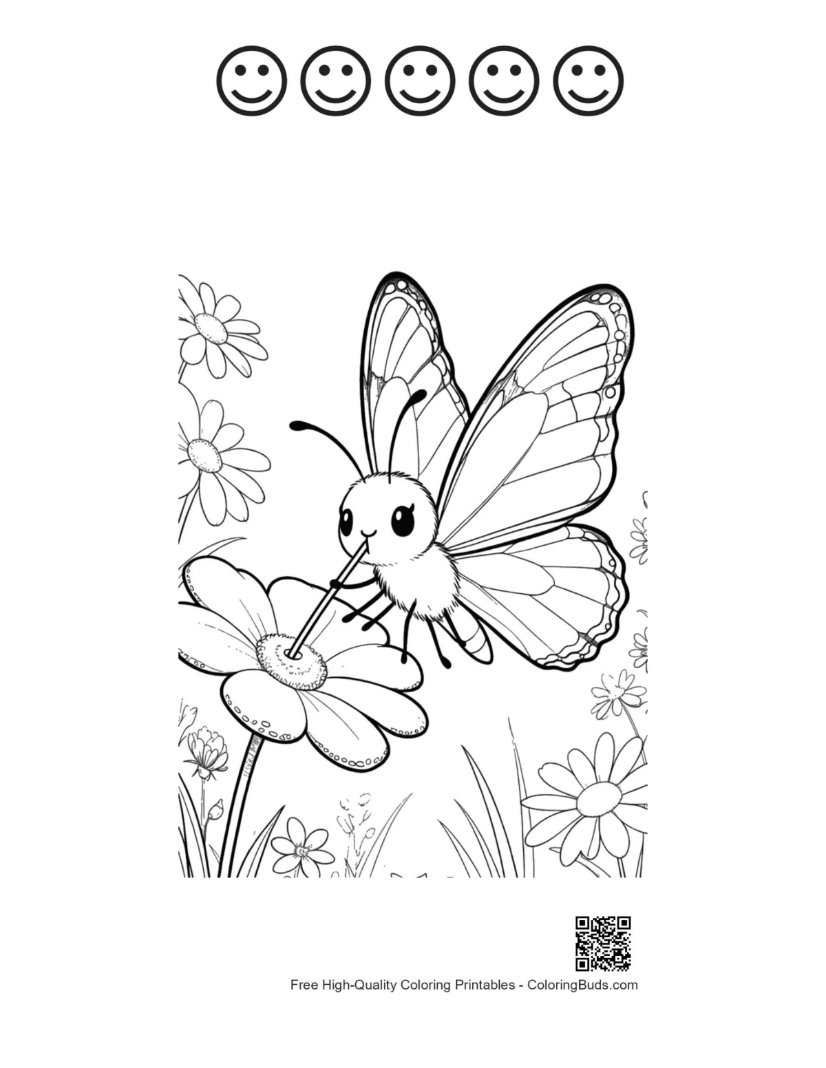 Monarch butterfly page with 5 happy faces outlines flower