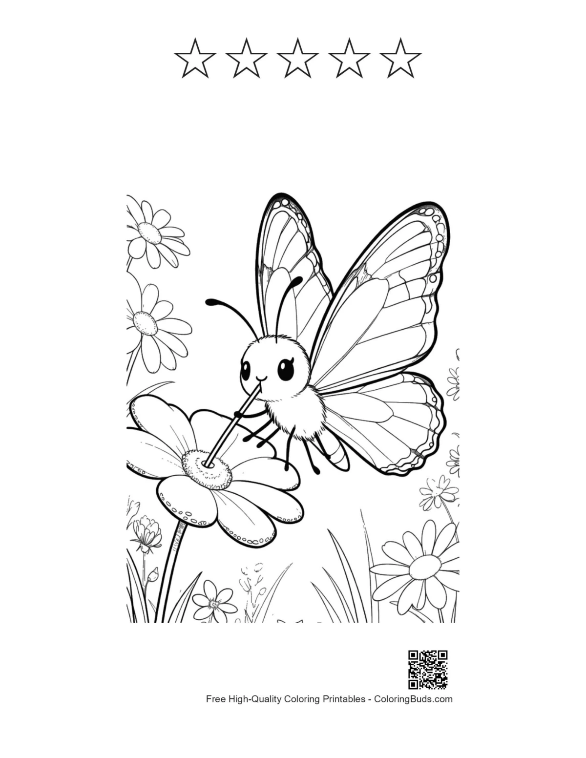 Monarch butterfly coloring with 5 star outlines wild flower