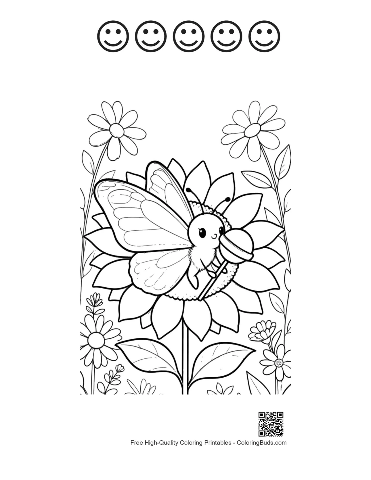 Smiling butterfly sunflower with happy faces outlines