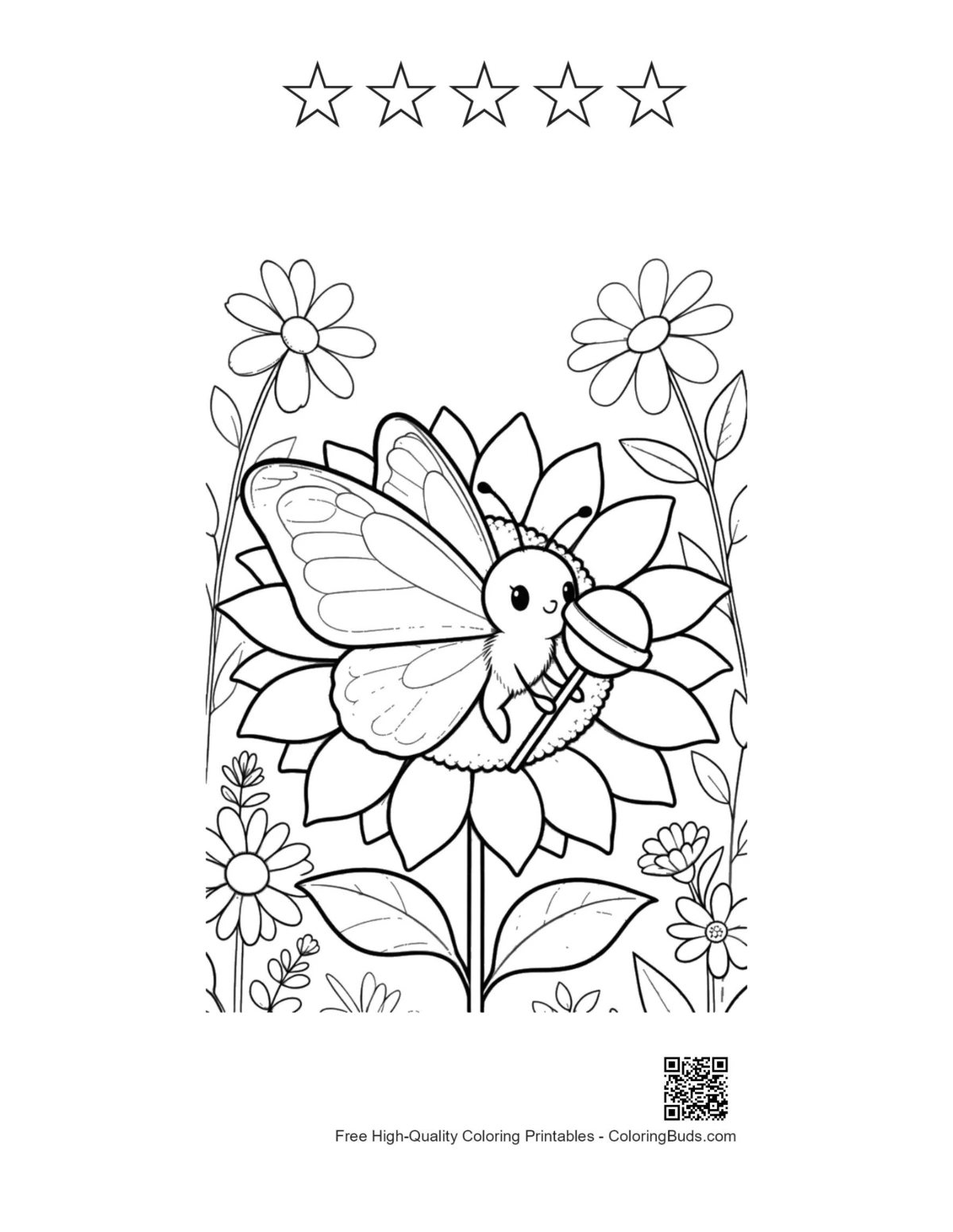 Smiling butterfly sunflower with 5 stars outline