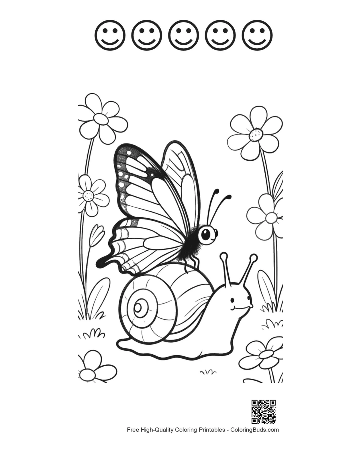 Swallowtail butterfly and happy faces coloring sheet