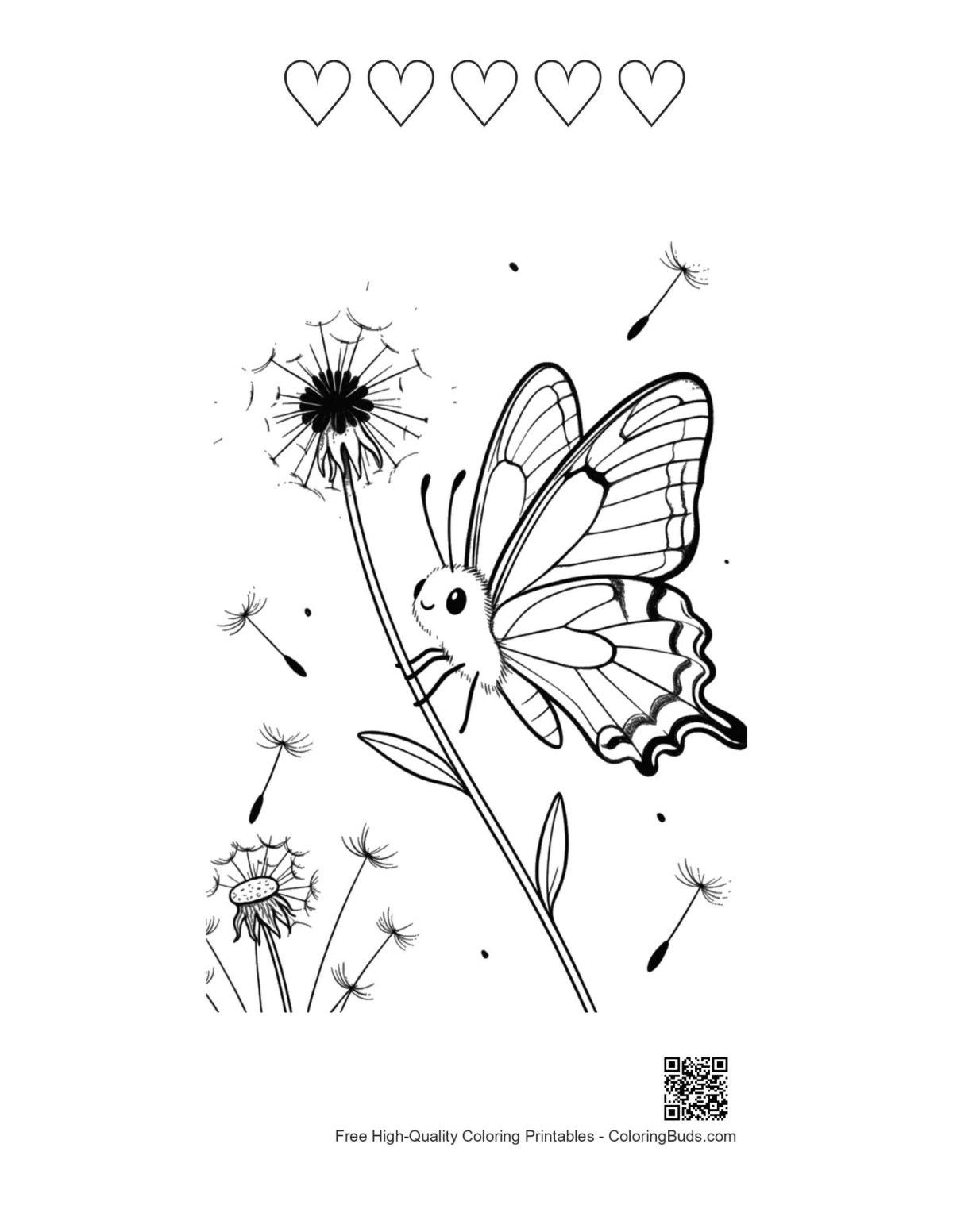 Swallowtail butterfly with 5 hearts coloring sheet printable