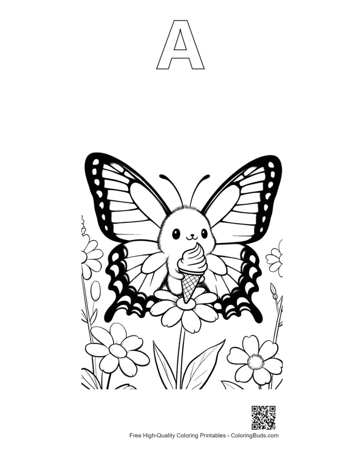 Swallowtail butterfly coloring page with alphabet A outline