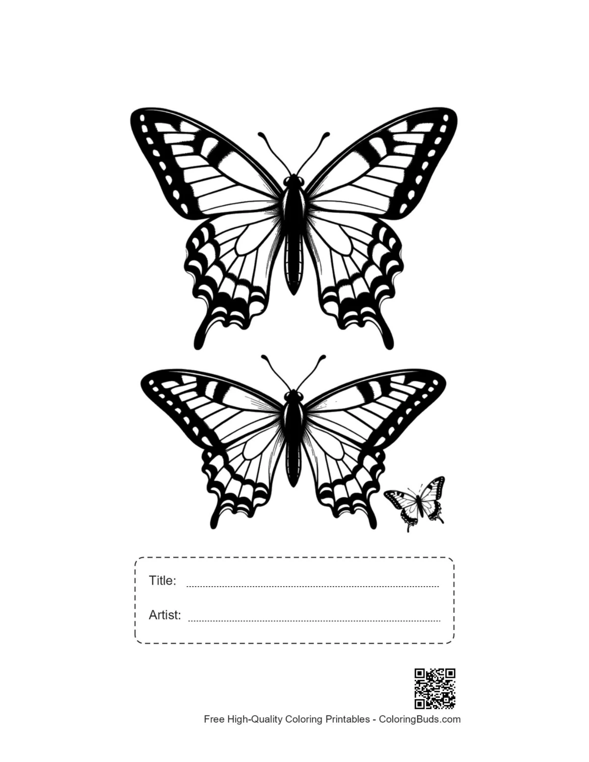 Printable swallowtail butterflies line art with title box