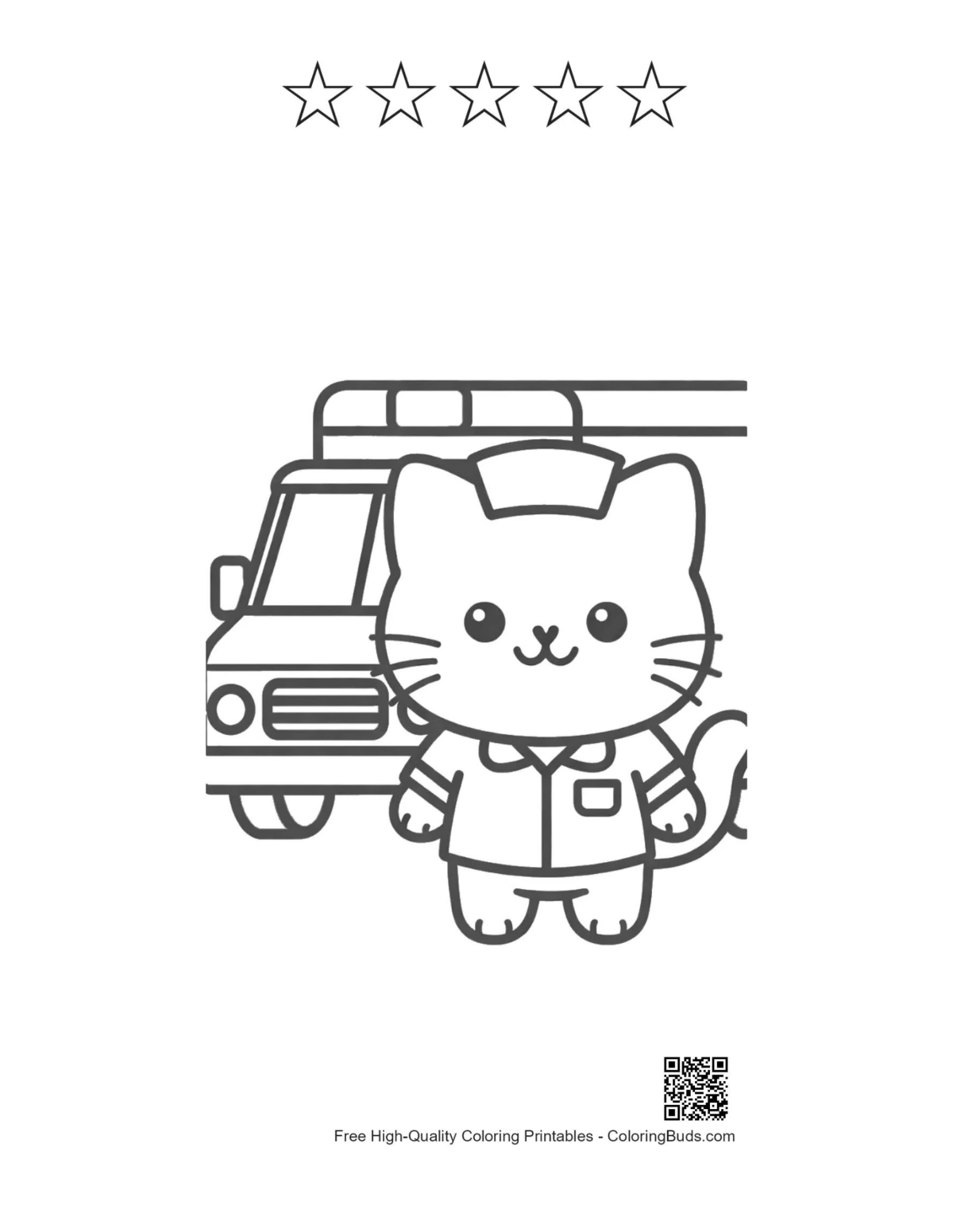 British Shorthair cat nurse ambulance with 5 star outline printable