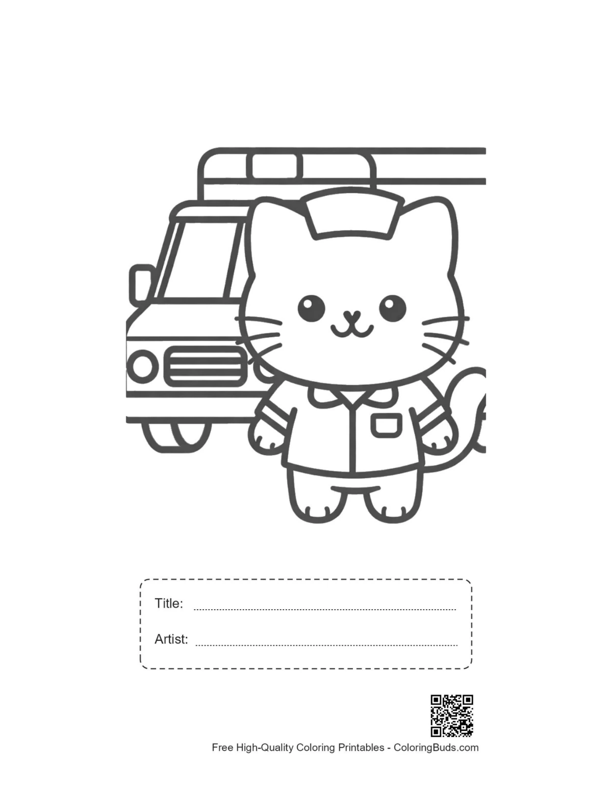 British Shorthair cat nurse ambulance printable with title artist box