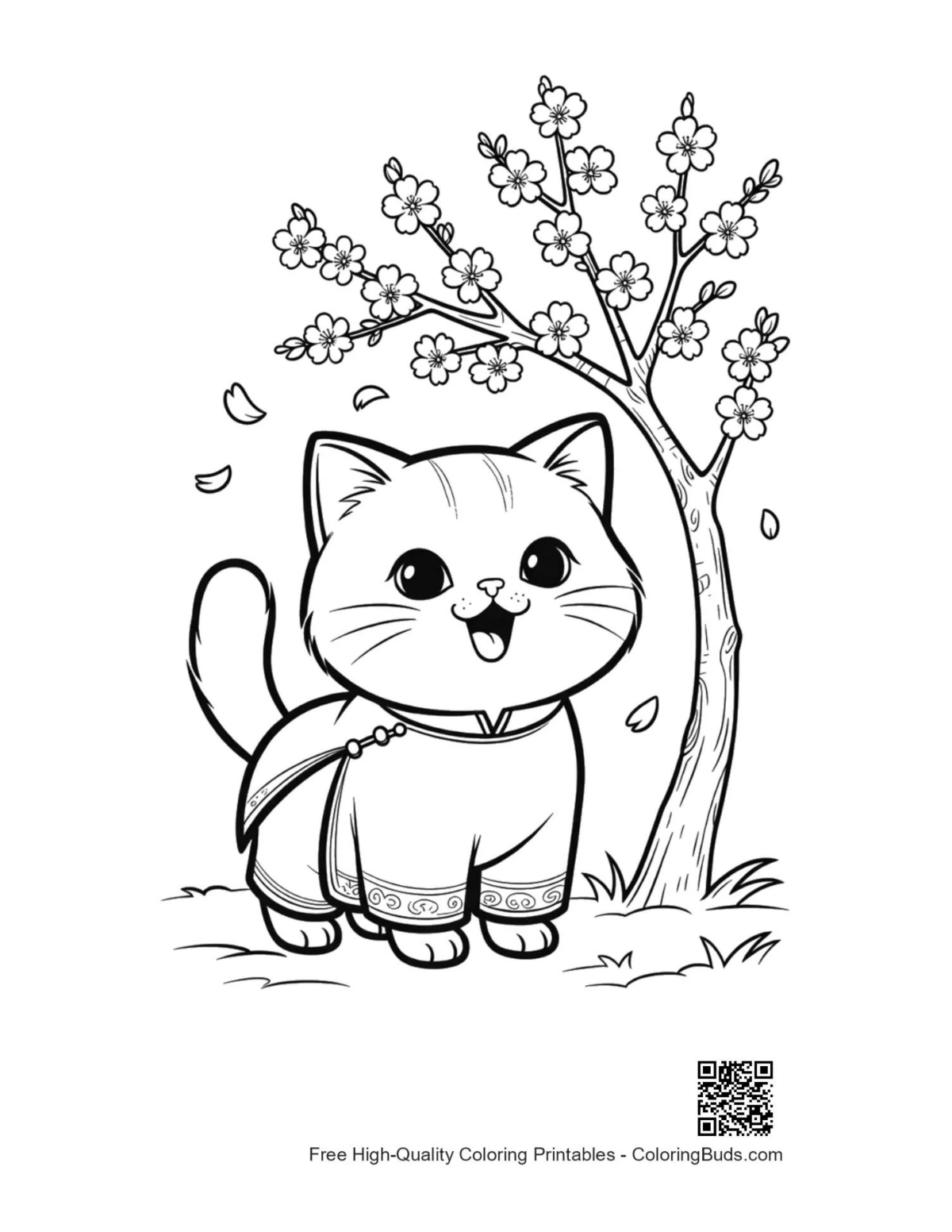 British Shorthair kitten scarf spring garden coloring page