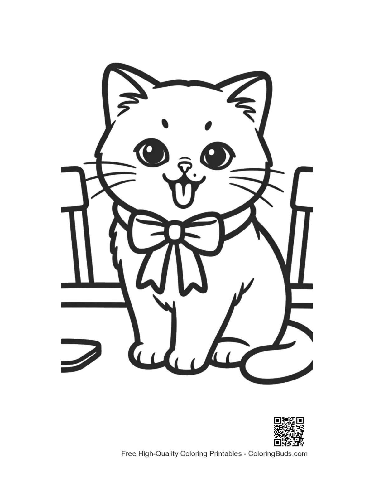 British Shorthair cat with bow on porch printable coloring page