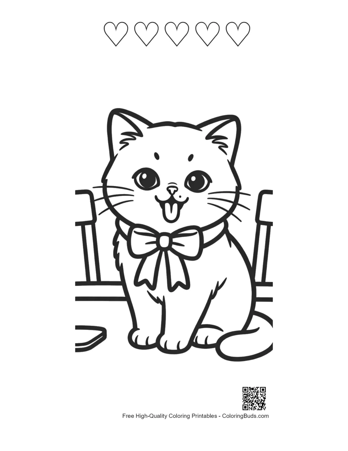 Printable British Shorthair with bow and 5 heart outlines
