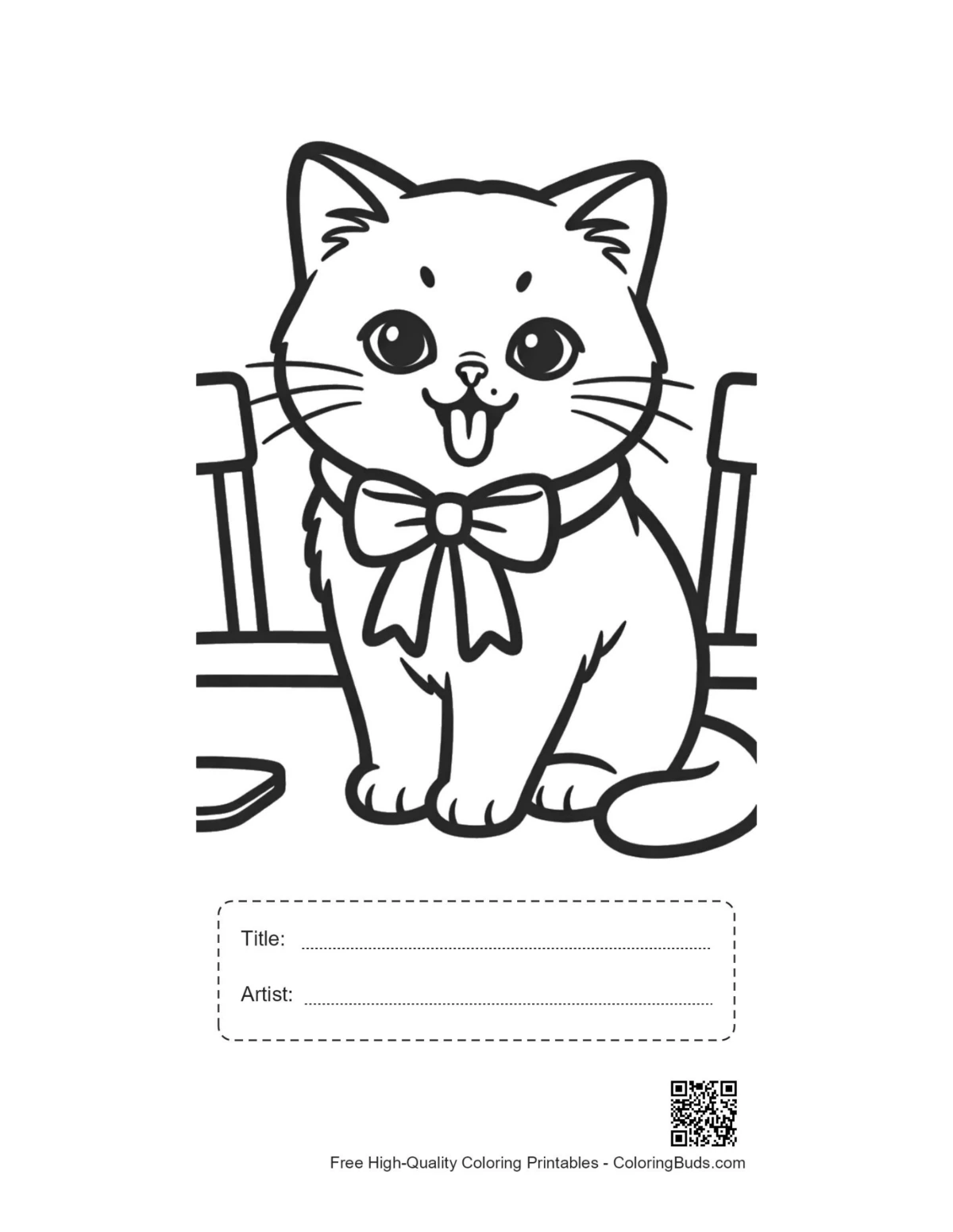 Printable British Shorthair cat with bow, title and artist box