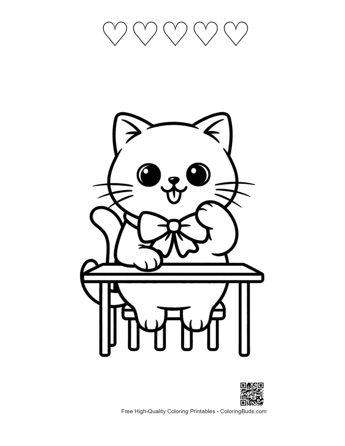 Free British Shorthair cat coloring with 5 heart outlines printable