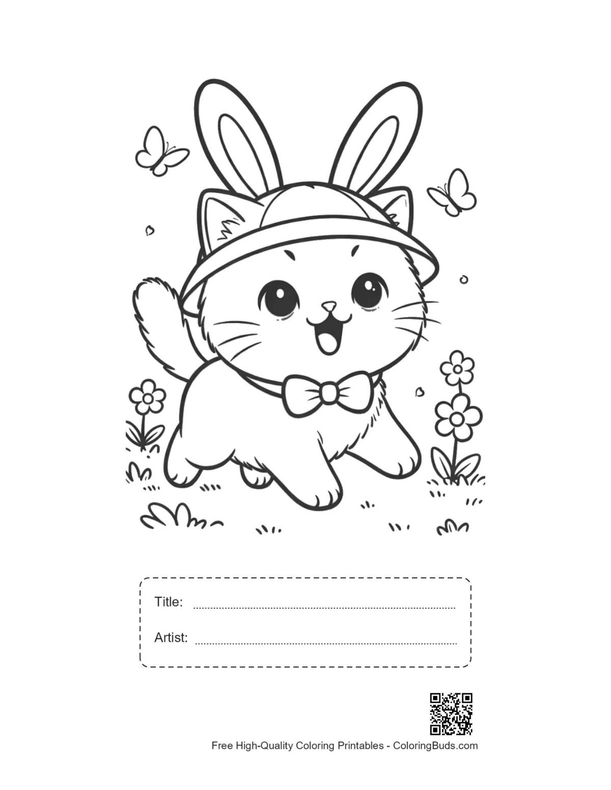 British Shorthair Malvorlage mit Titelkasten und Hasenmützen-Kätzchen