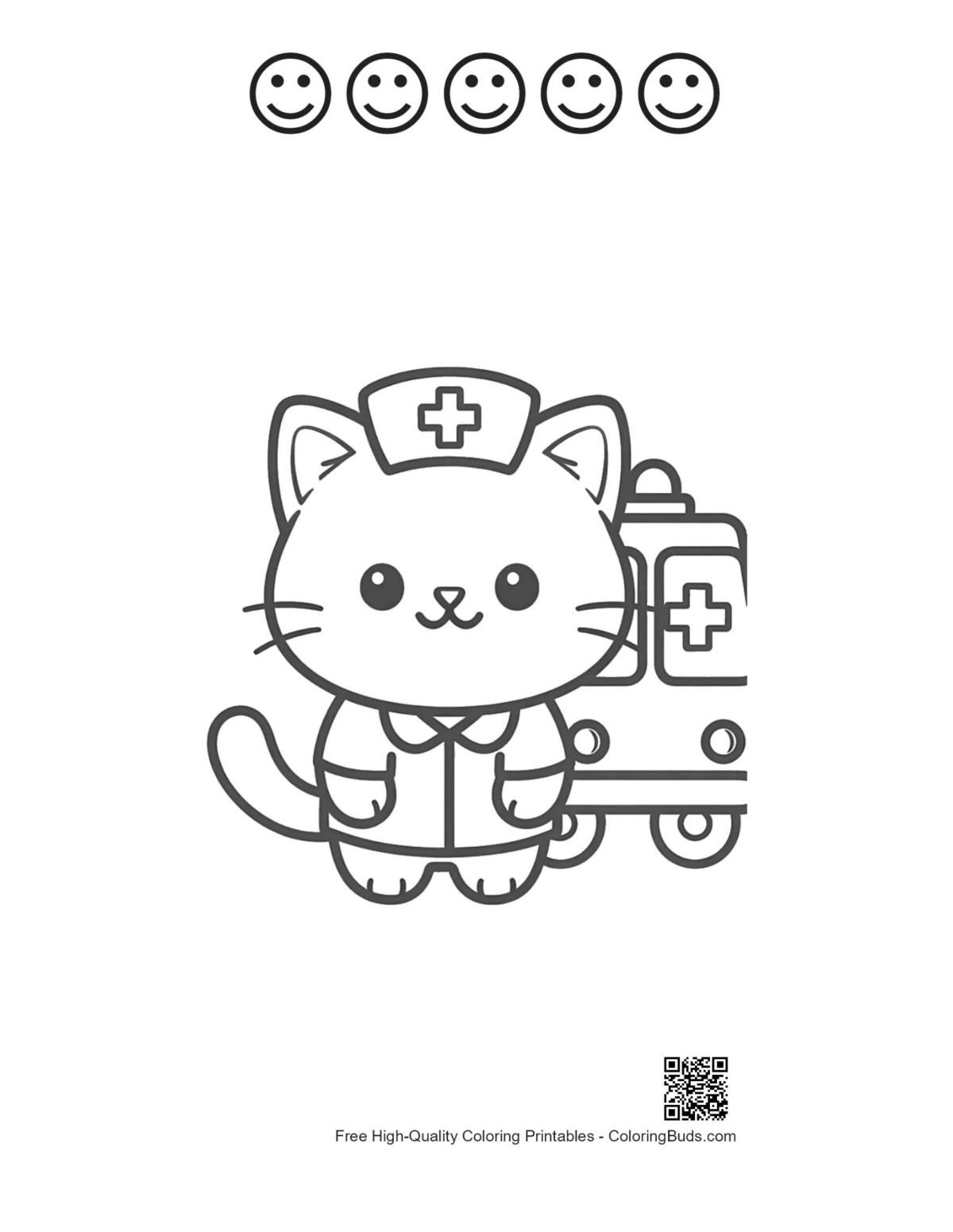 Cute nurse kitten vehicle coloring page with happy faces