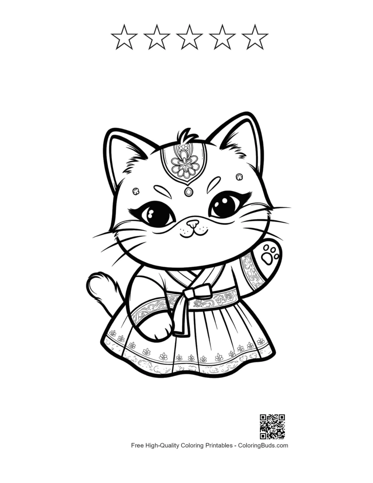 Cat kimono flowery mask with 5 star outline printable