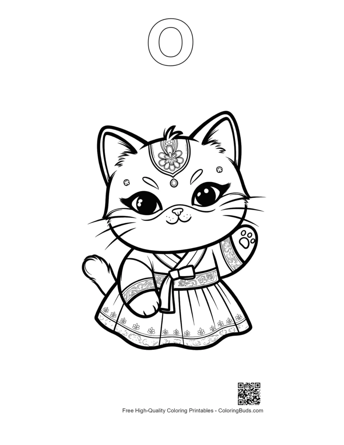 Cat kimono mask printable outline alphabet O coloring page