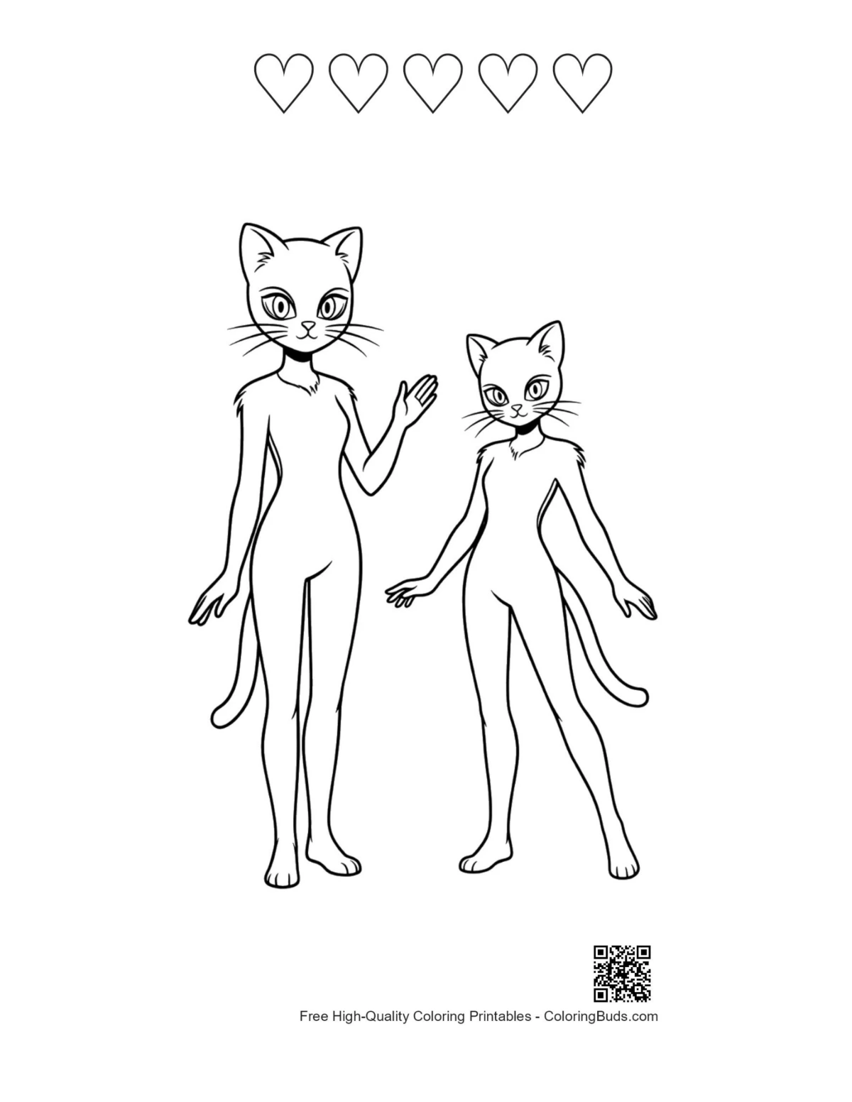 Anthropomorphe Katzenmaske (Linienzeichnung) mit herzförmigen Akzenten