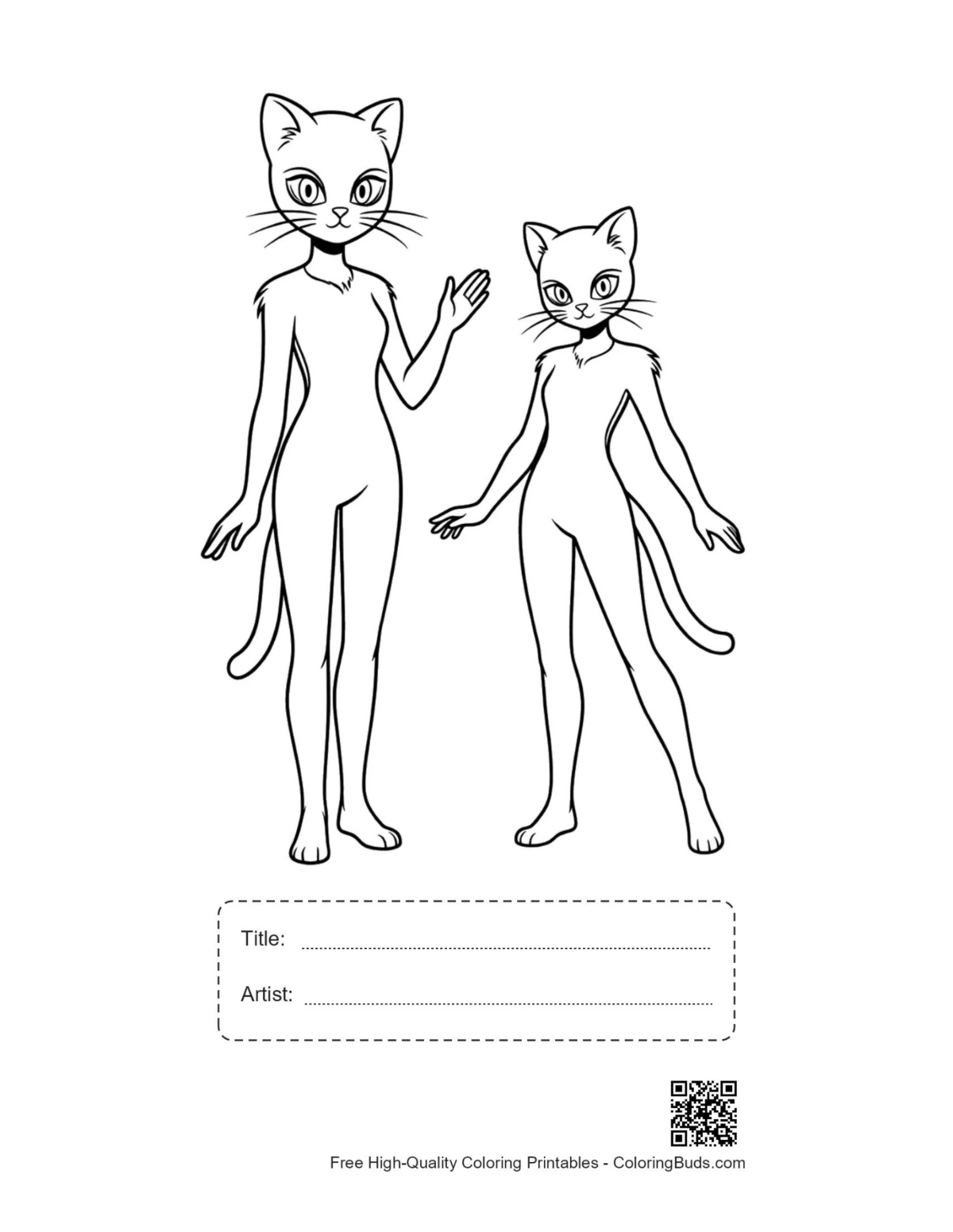 Zum Ausdrucken Strichzeichnung einer anthropomorphen Katzenmaske mit Titelfeld