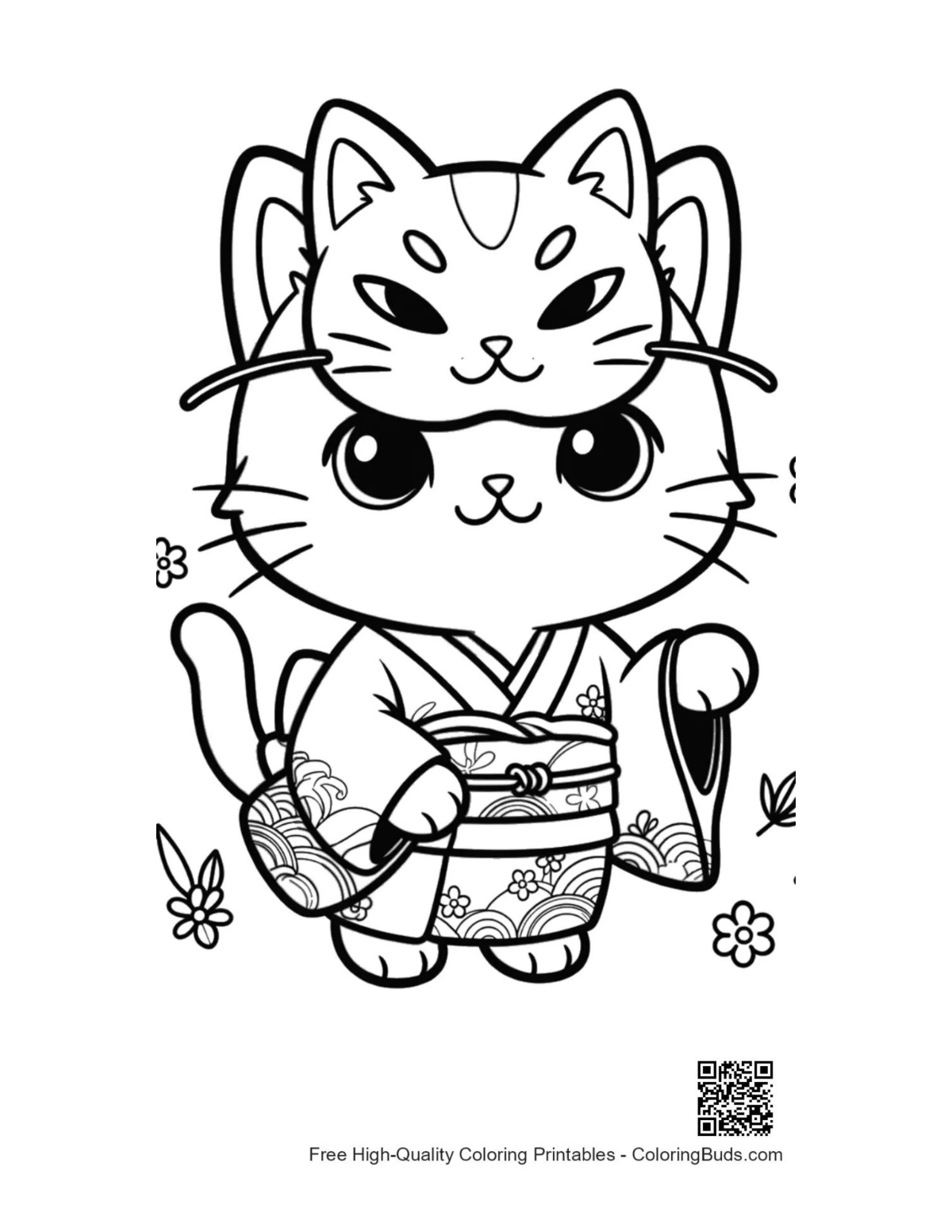 Cute cat floral kimono forehead mask printable coloring
