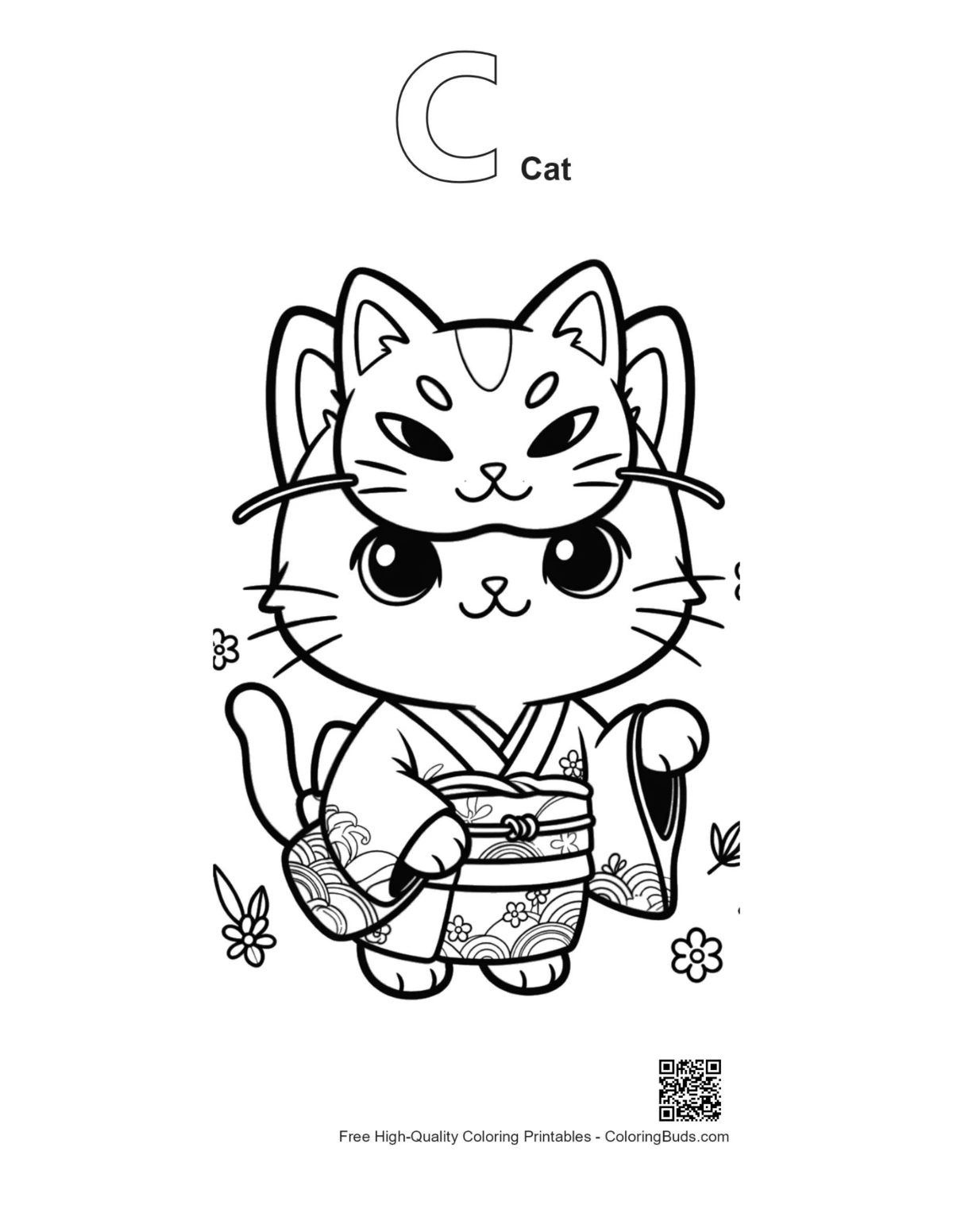Cat Masks coloring alphabet C cute kimono mask outline