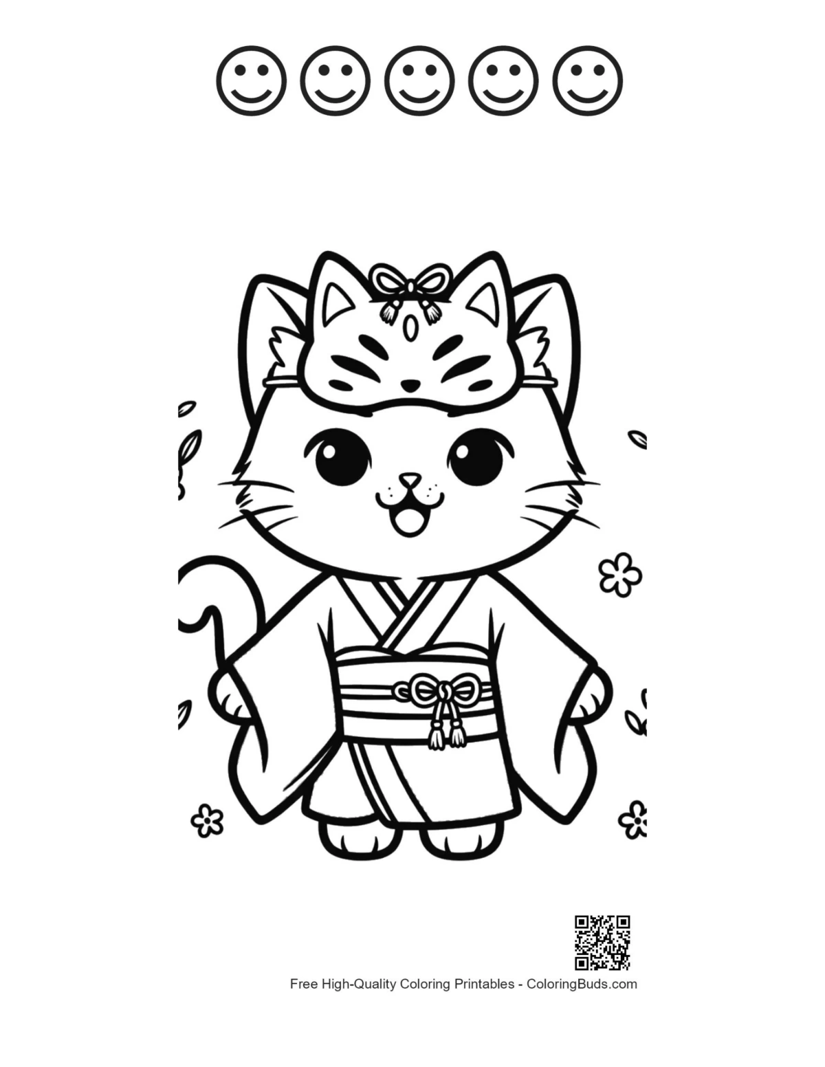 Kitten kimono Japanese mask happy faces printable