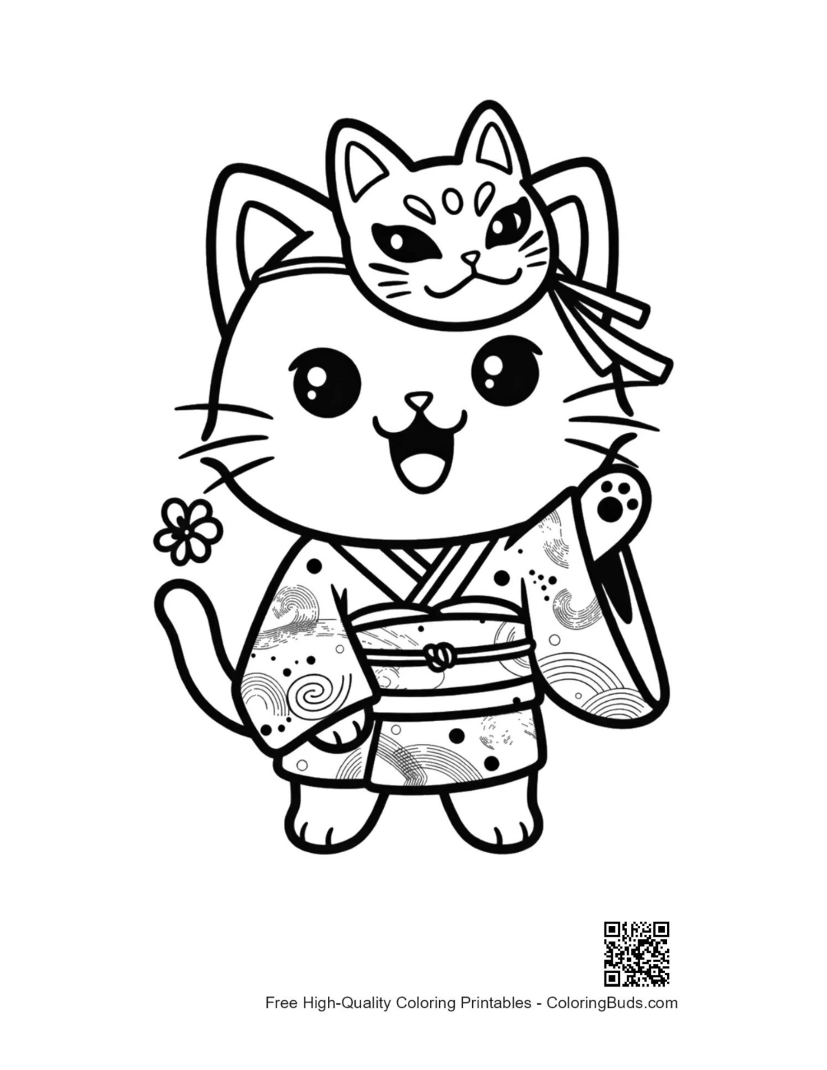 Cute kitten in kimono with head mask coloring printable