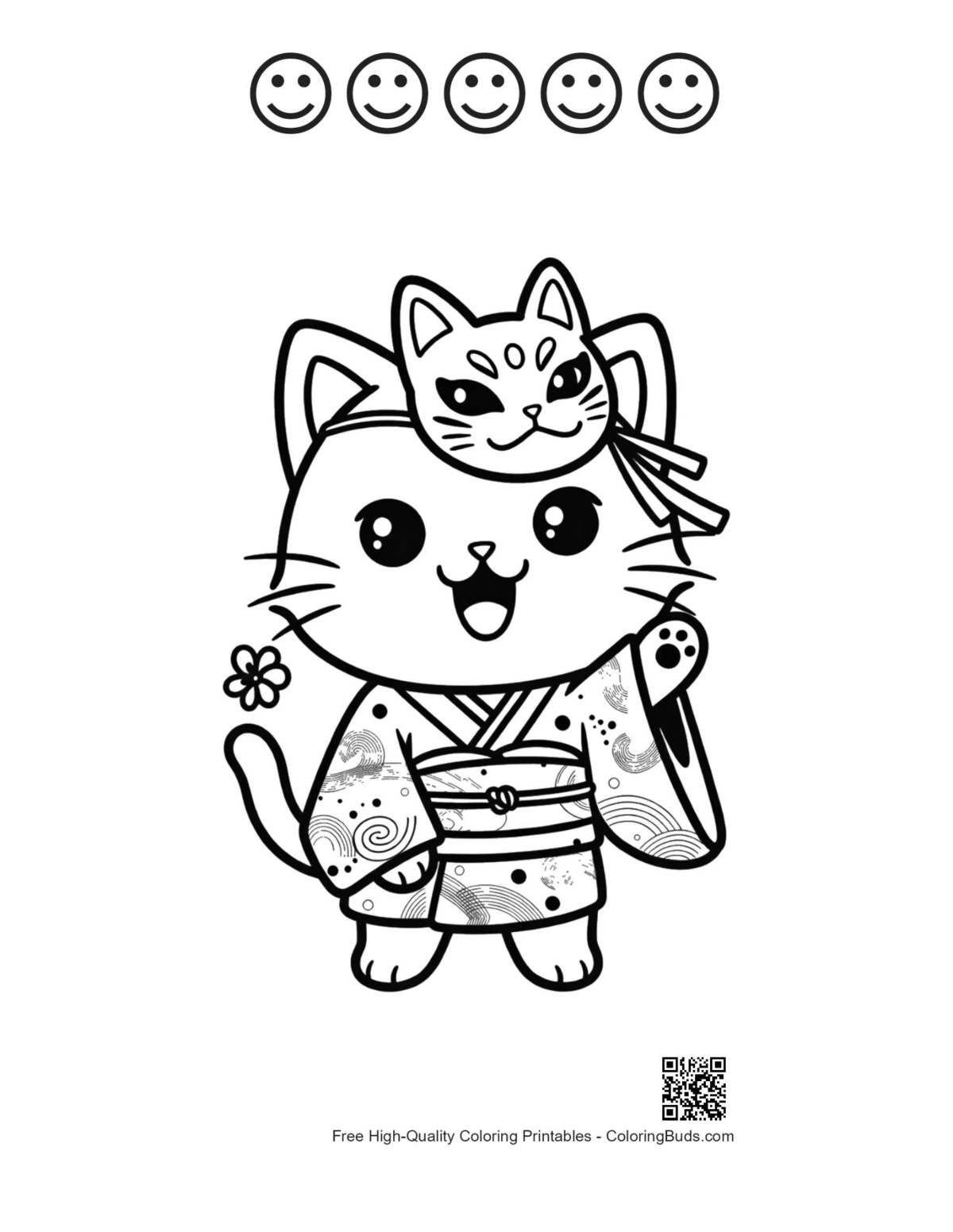 Kitten kimono mask with 5 happy faces outline printable