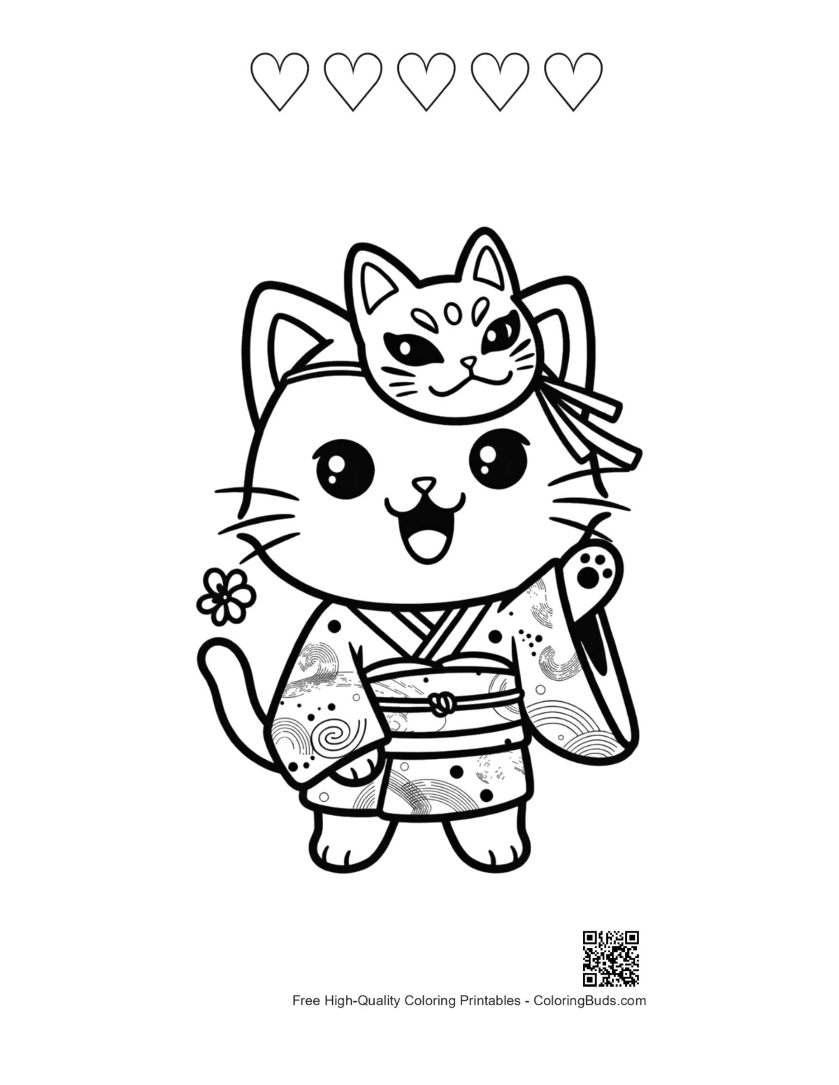 Kitten kimono mask printable with 5 heart outlines
