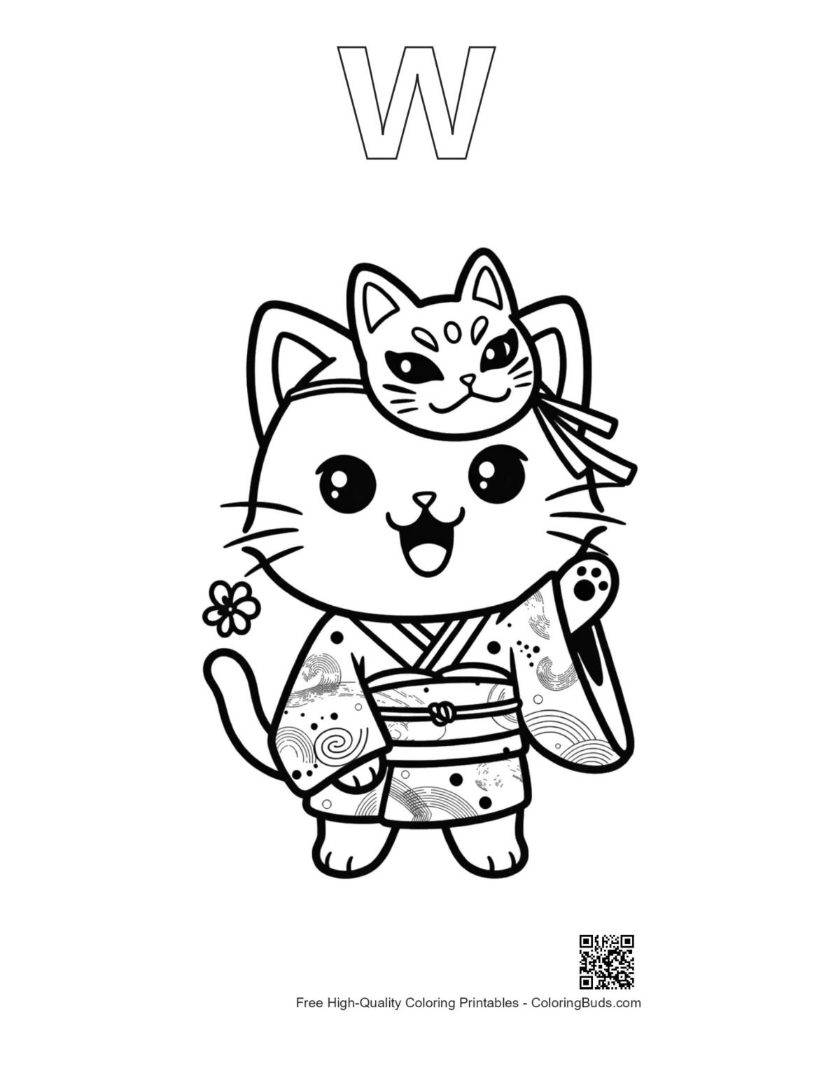 Kitten kimono mask outline with alphabet W printable