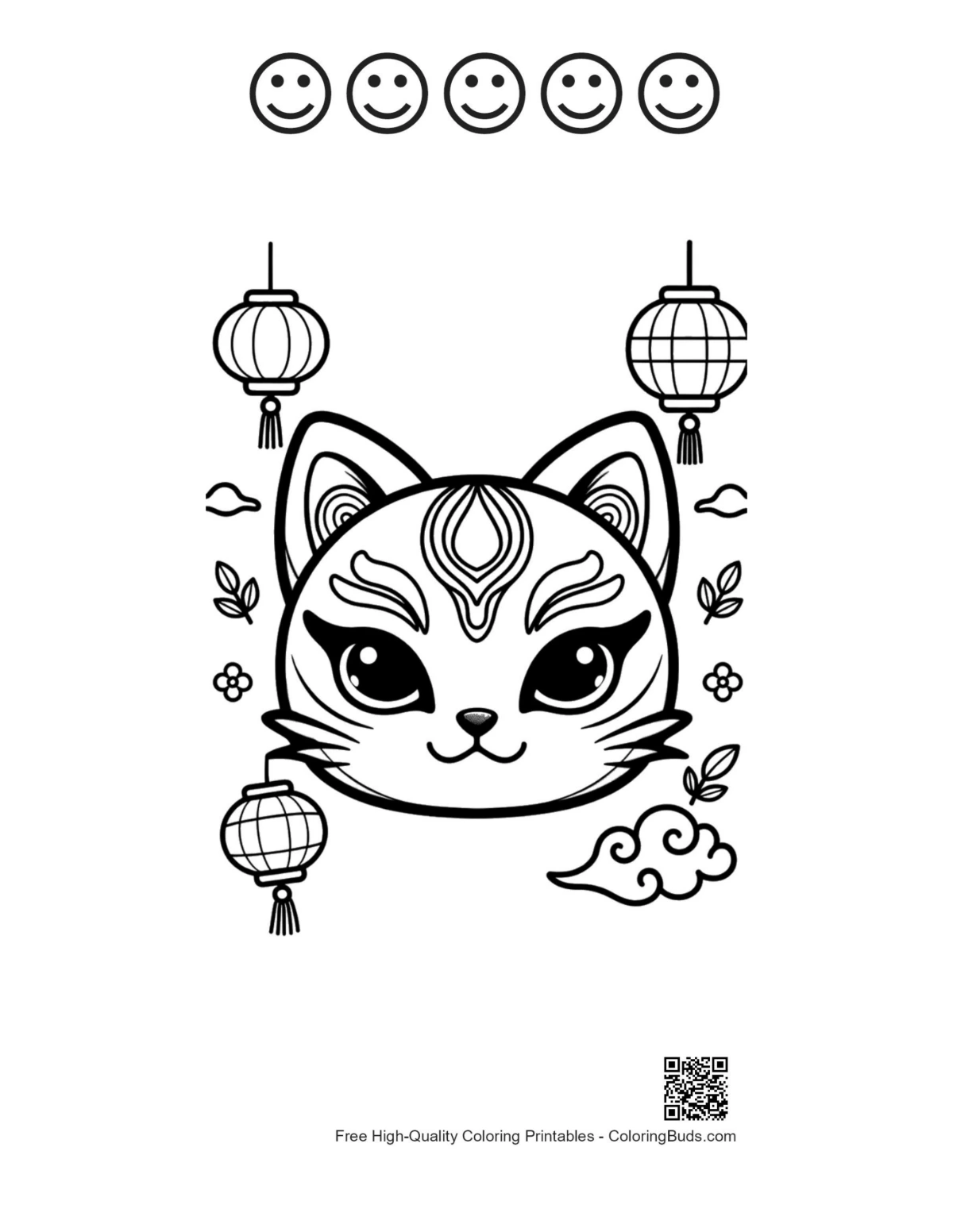 Kitten coloring page with 5 happy faces and mask