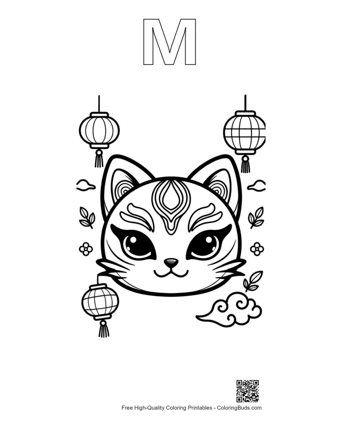 Kitten mask coloring page with alphabet M outline