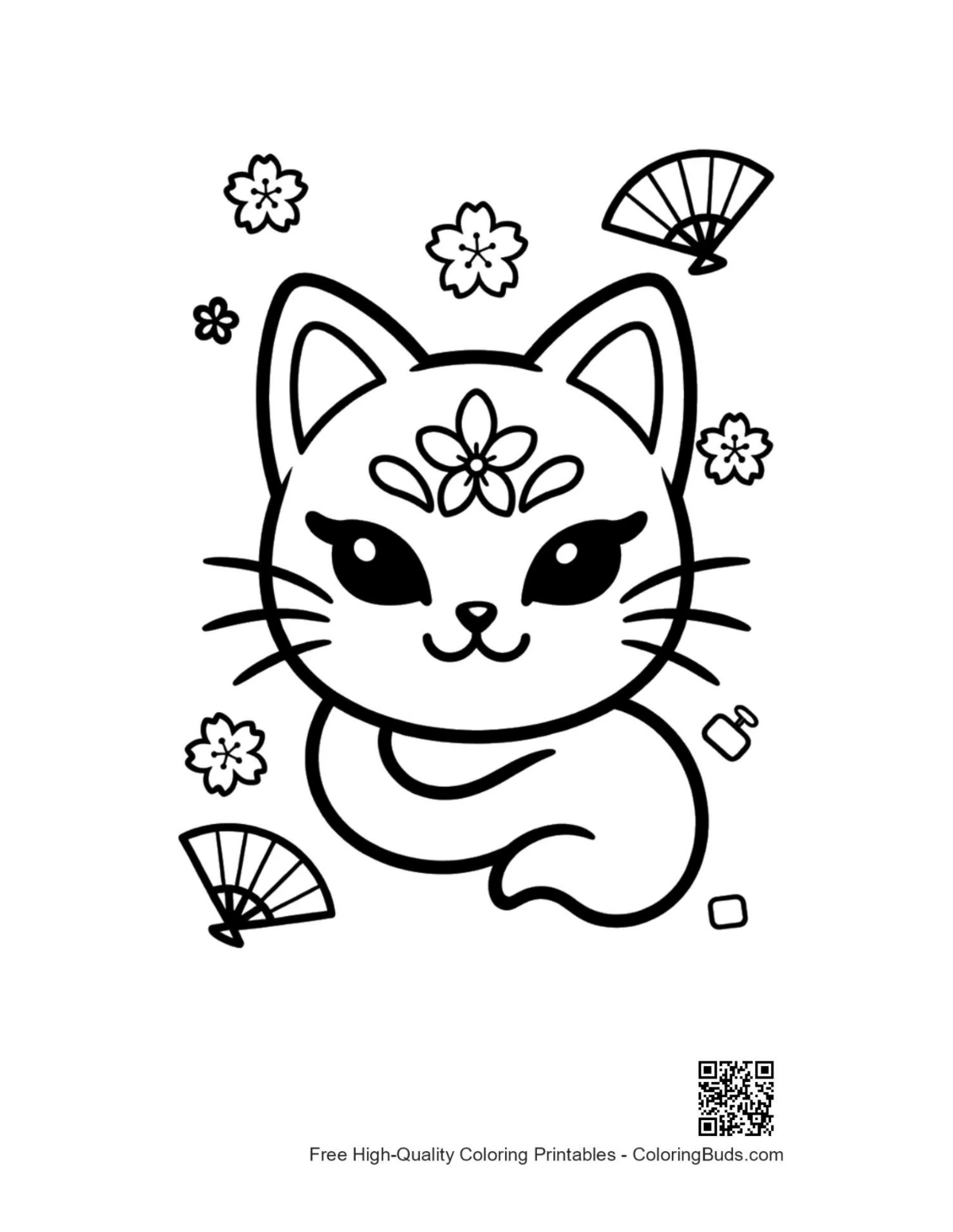 Kitten in ornate floral fan mask coloring page