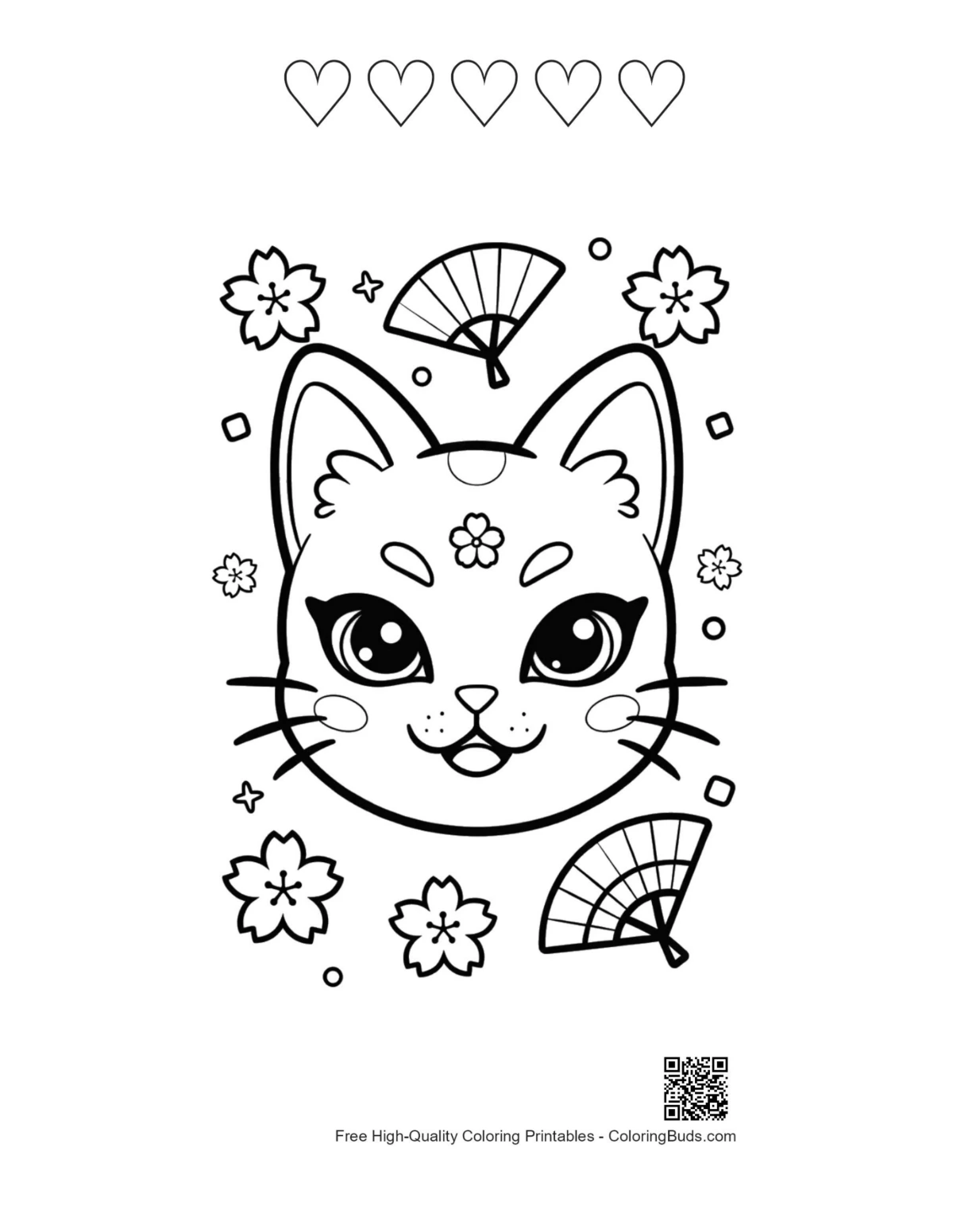 Pretty cat mask fan 5 heart outline printable