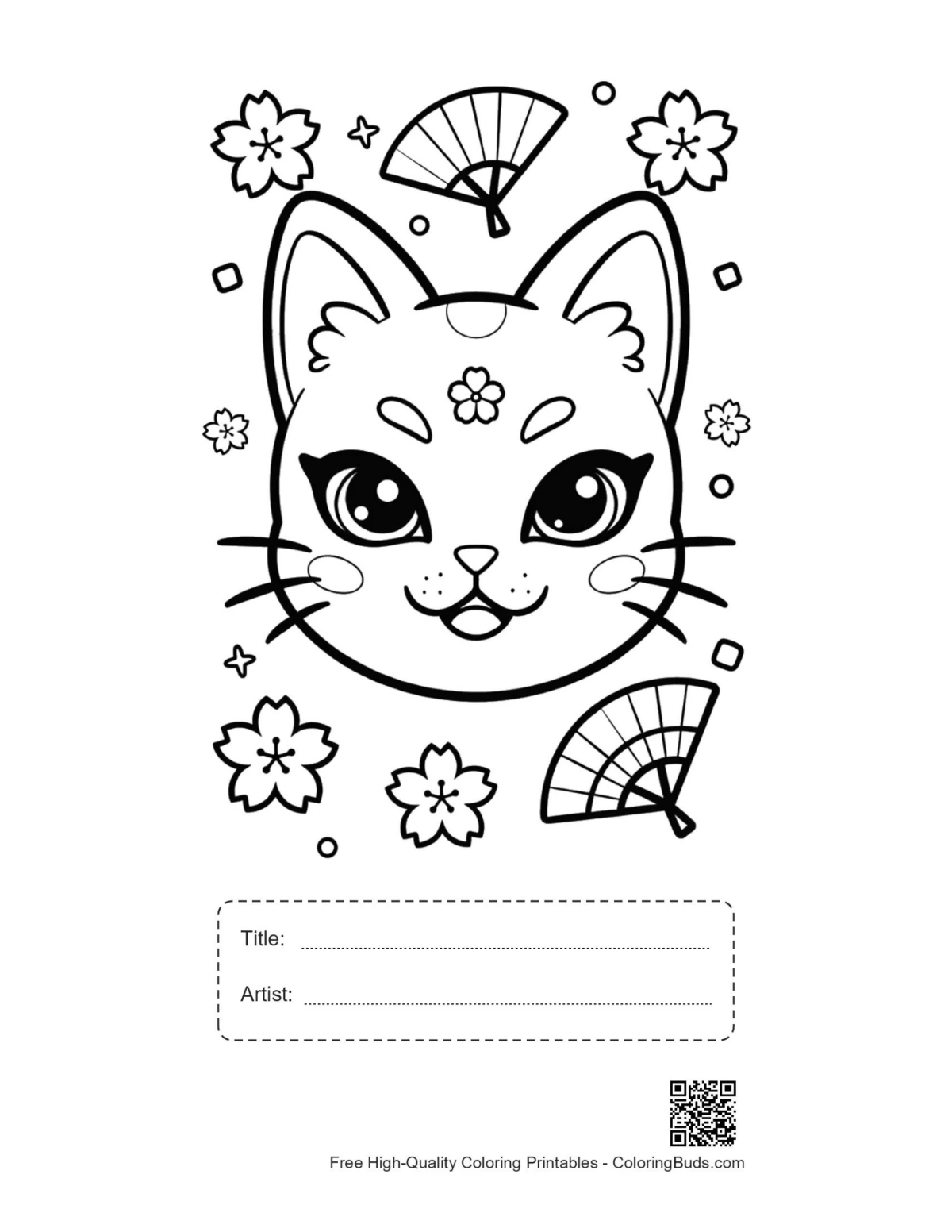 Pretty cat head mask fan printable with title box