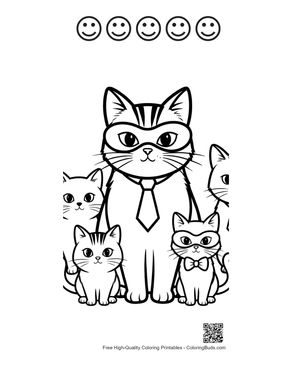 Cat family printable 5 happy faces outlines