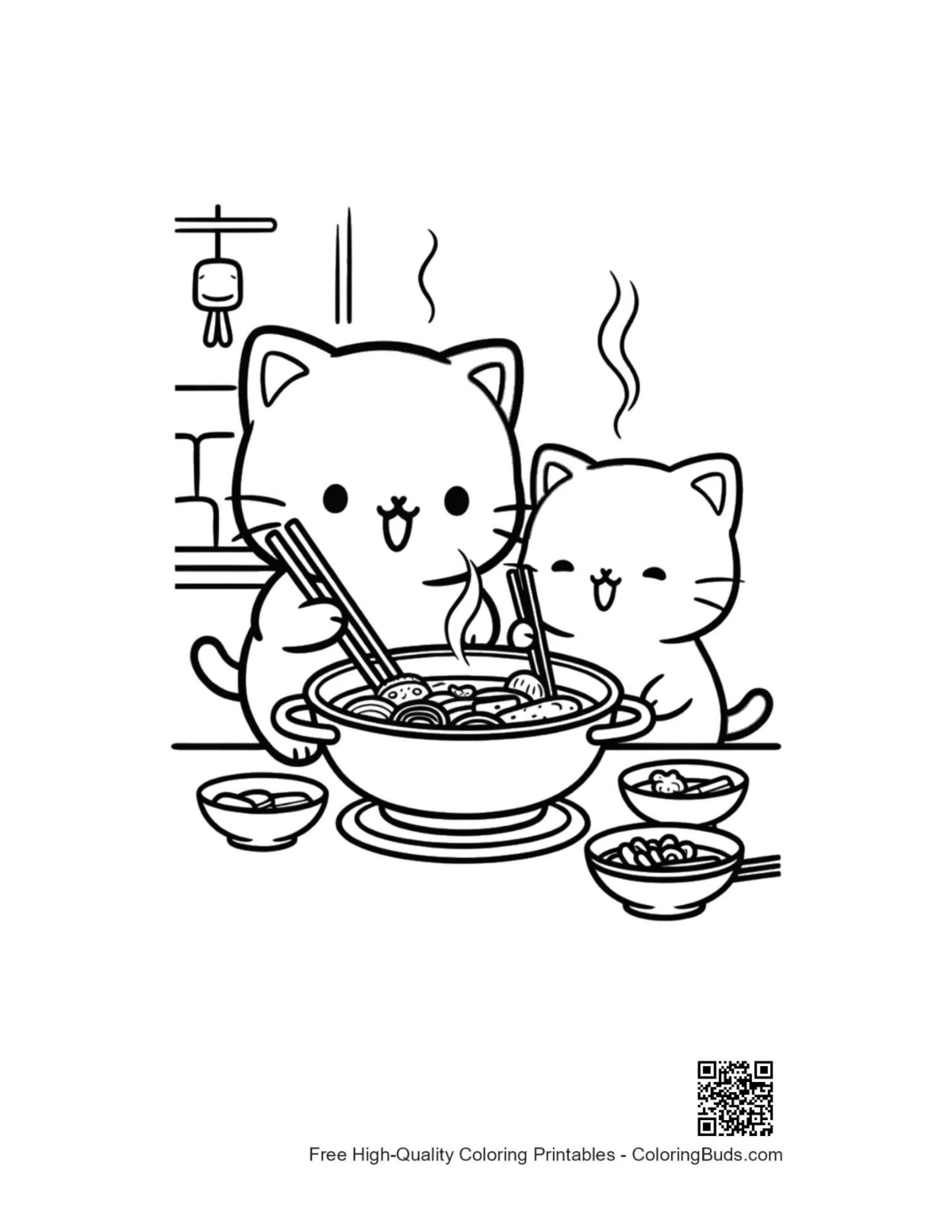 Adorable chibi cats cooking in cozy kitchen printable
