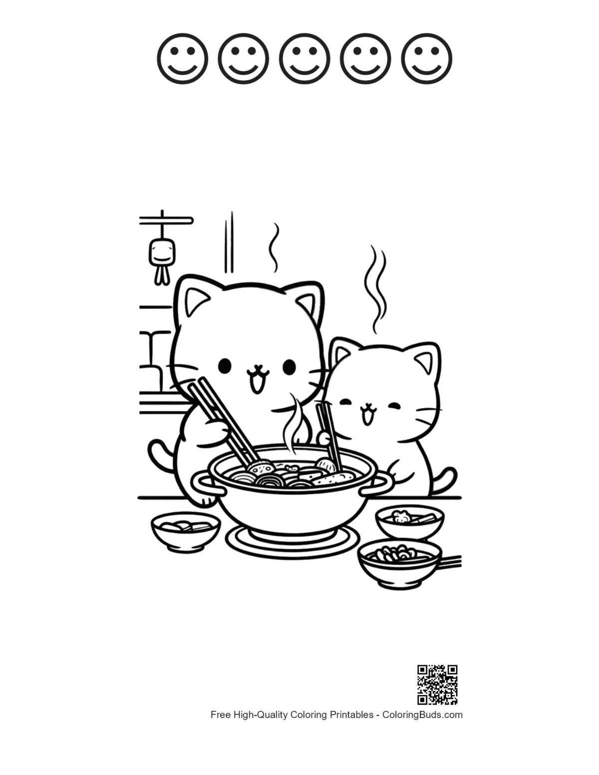 Chibi cats dinner printable with 5 happy faces