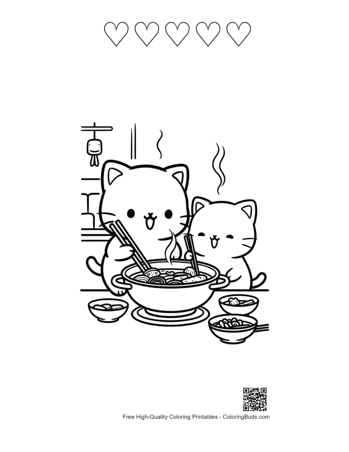 Chibi cats cooking page with 5 heart outlines