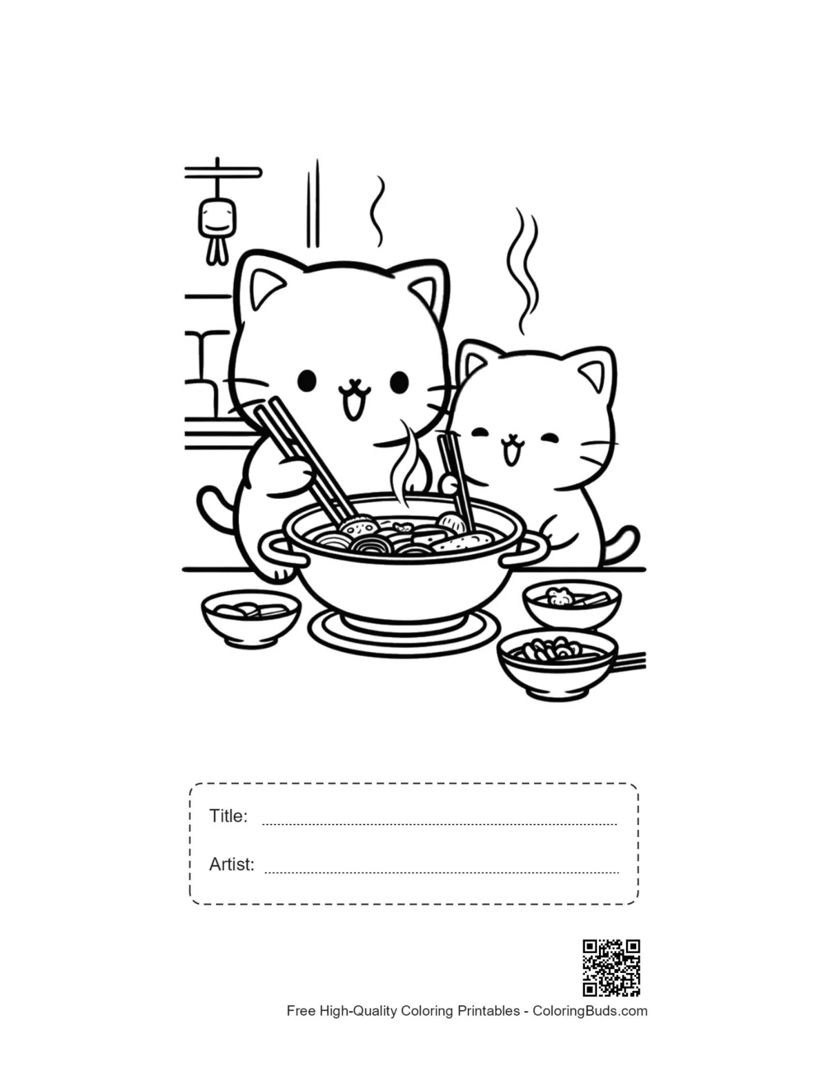 Chibi cats cooking printable with title artist box