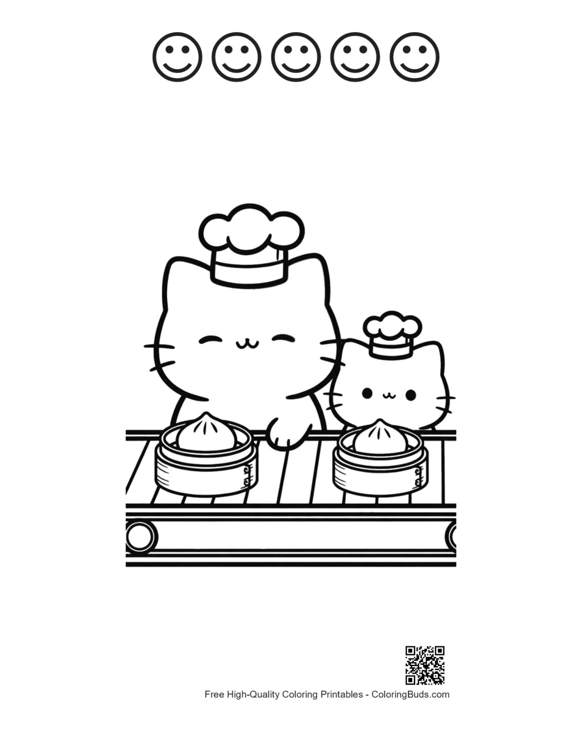 Chibi cats dim sum with 5 happy face outlines printable