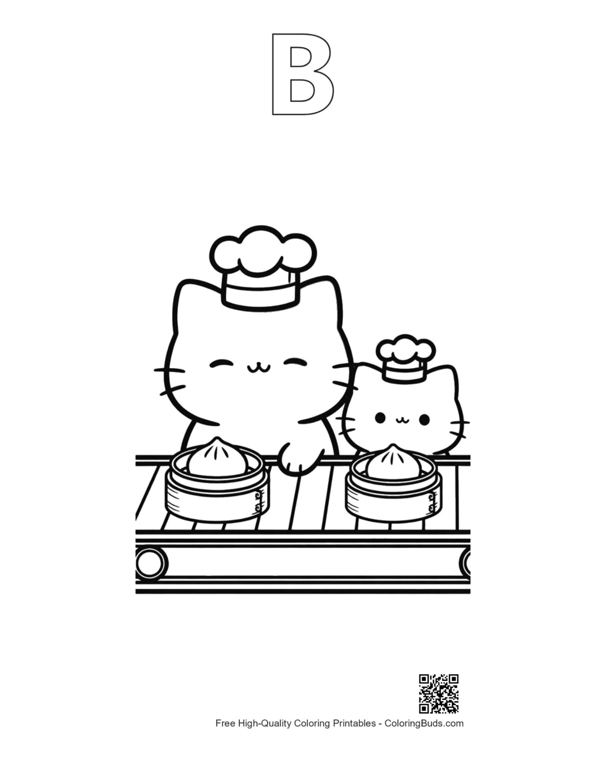 Chibi cats dim sum outline with alphabet B coloring printable