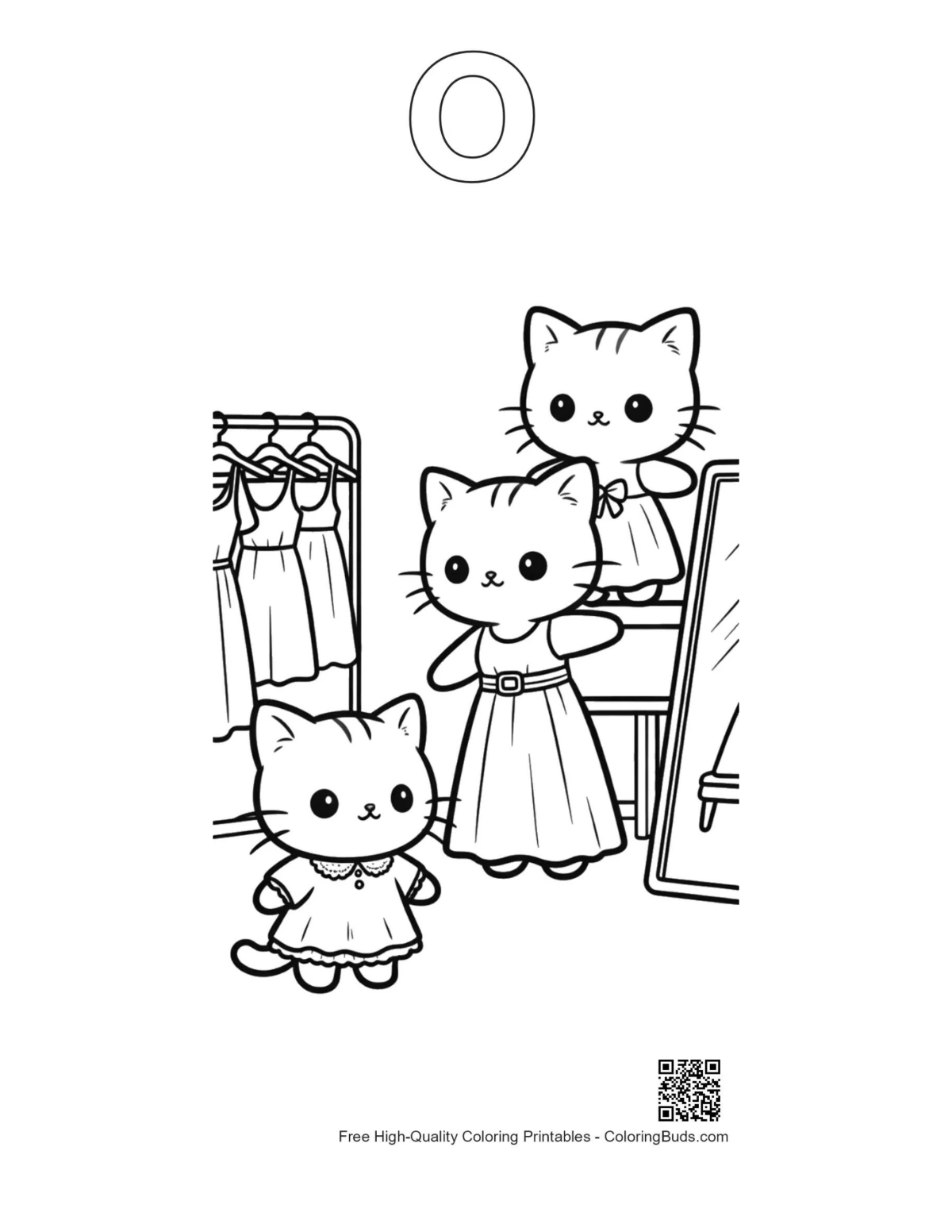 Chibi kitten mirror printable with alphabet O outline