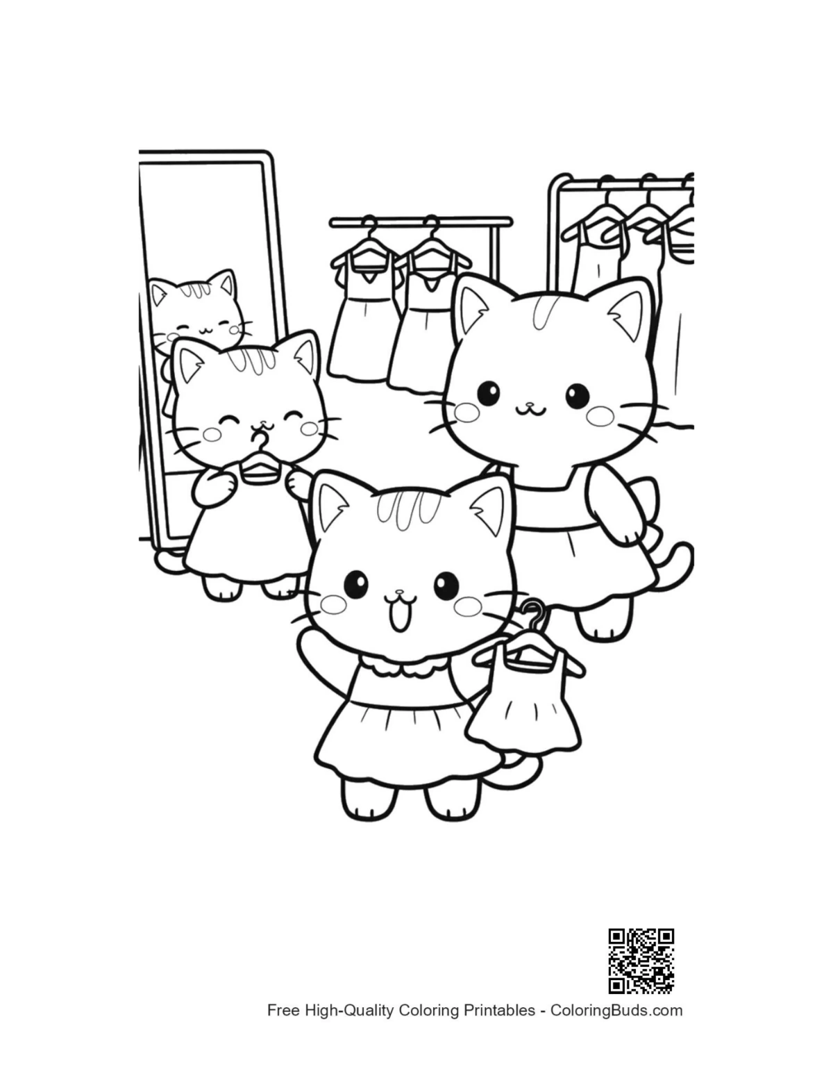 Adorable chibi kittens dress up fancy clothes coloring page
