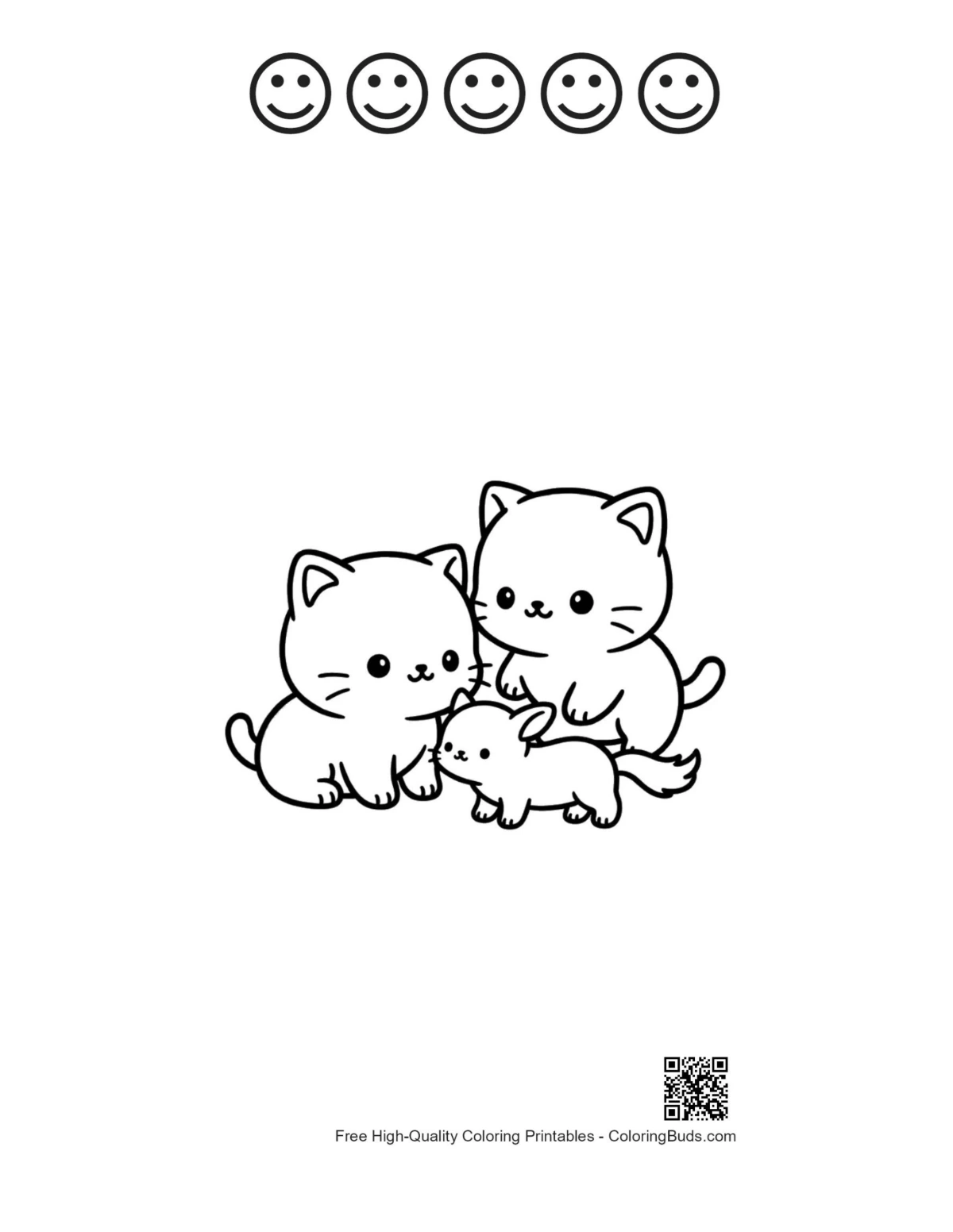 Chibi cat family cuddle with happy faces outline